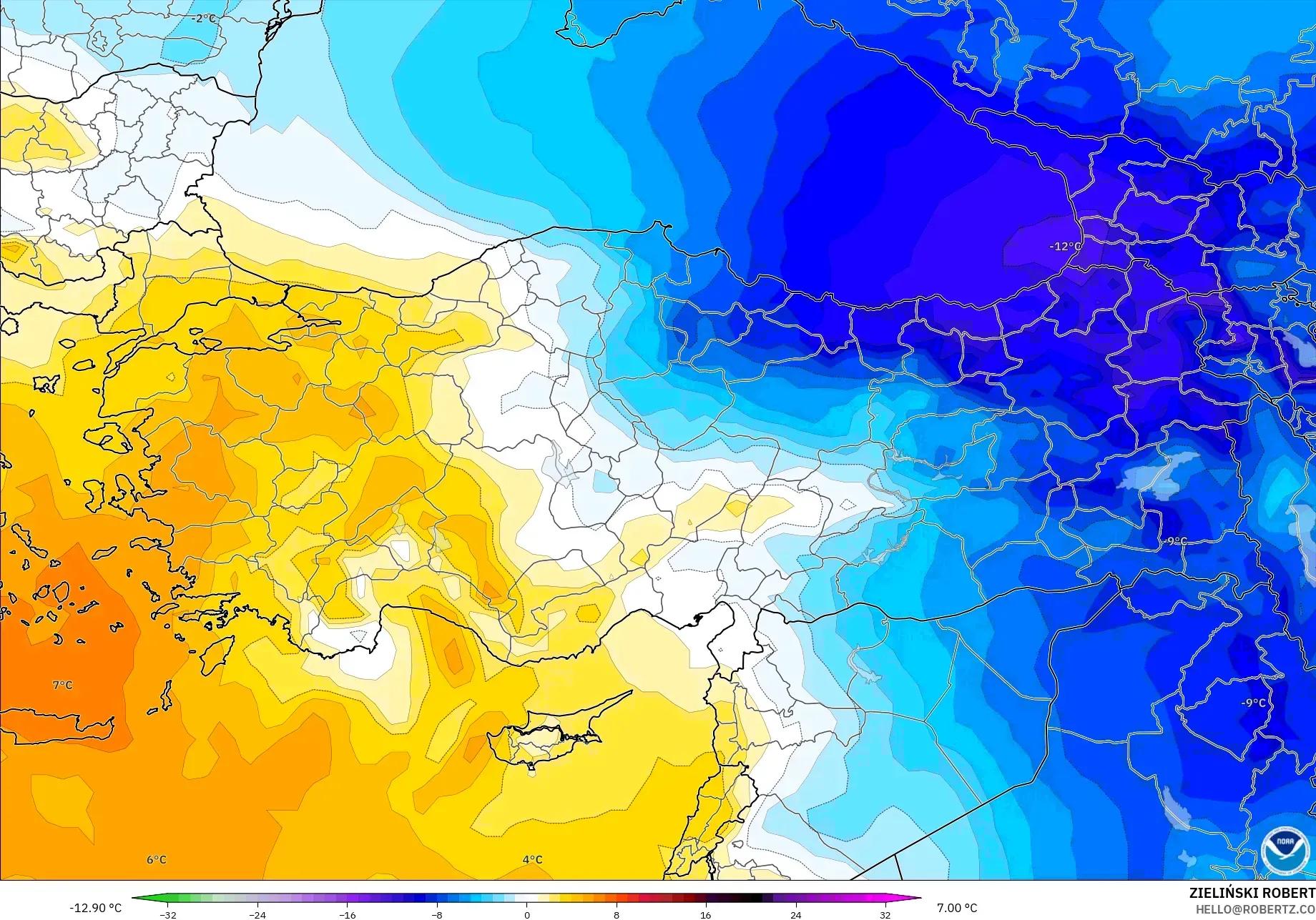GFS model - Turkey, Temperature at 850hPa Anomaly