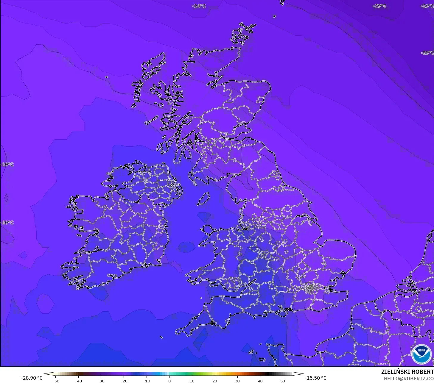 GFS model - United Kingdom, Temperature at 500hPa