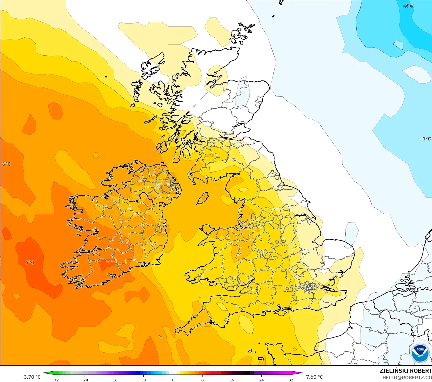 GFS model - United Kingdom, Temperature at 850hPa Anomaly