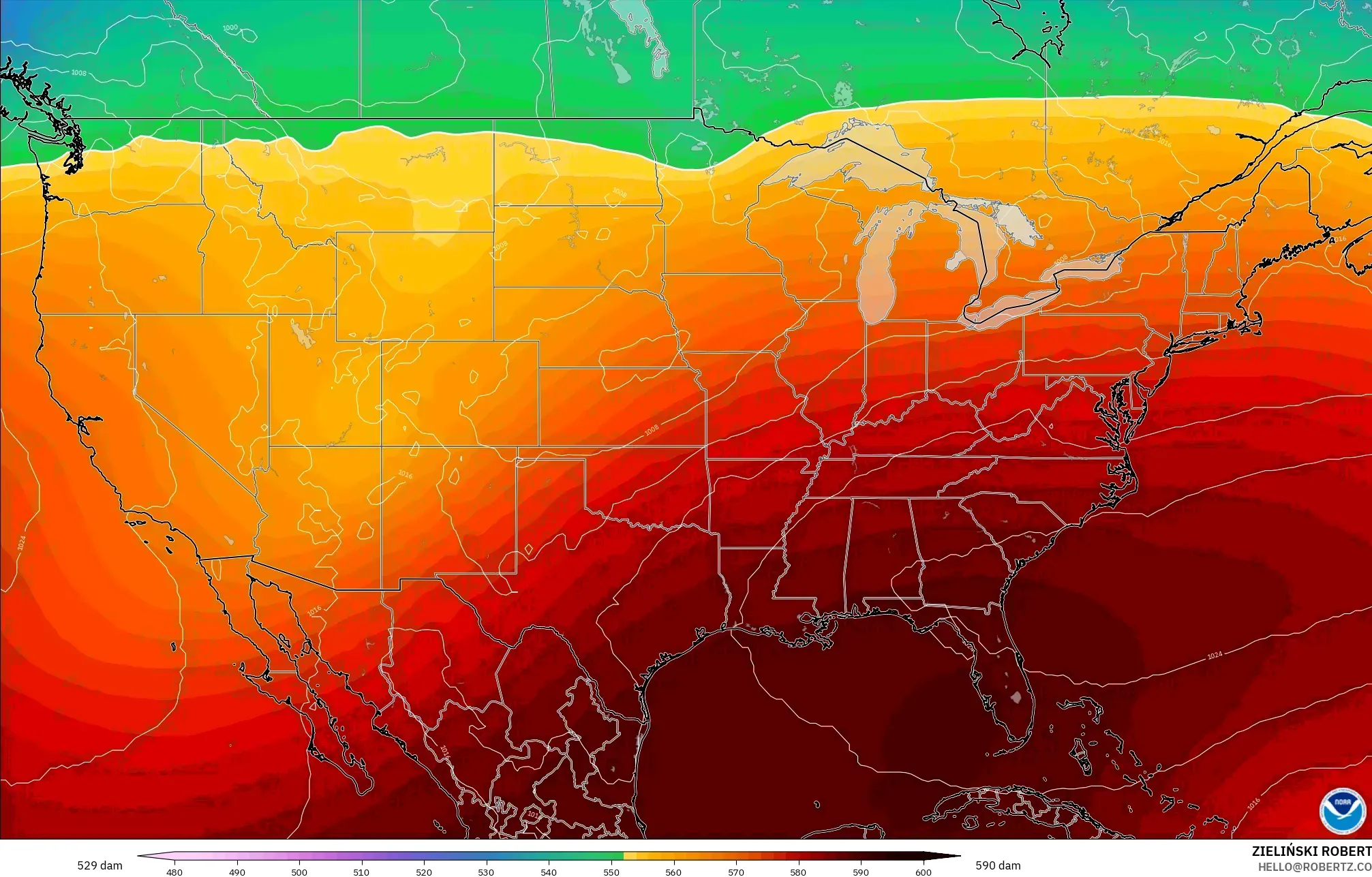 GFS model - United States, Geopotential height at 500hPa