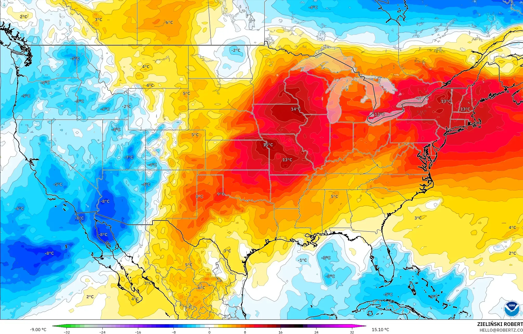 GFS model - United States, Temperature at 850hPa Anomaly
