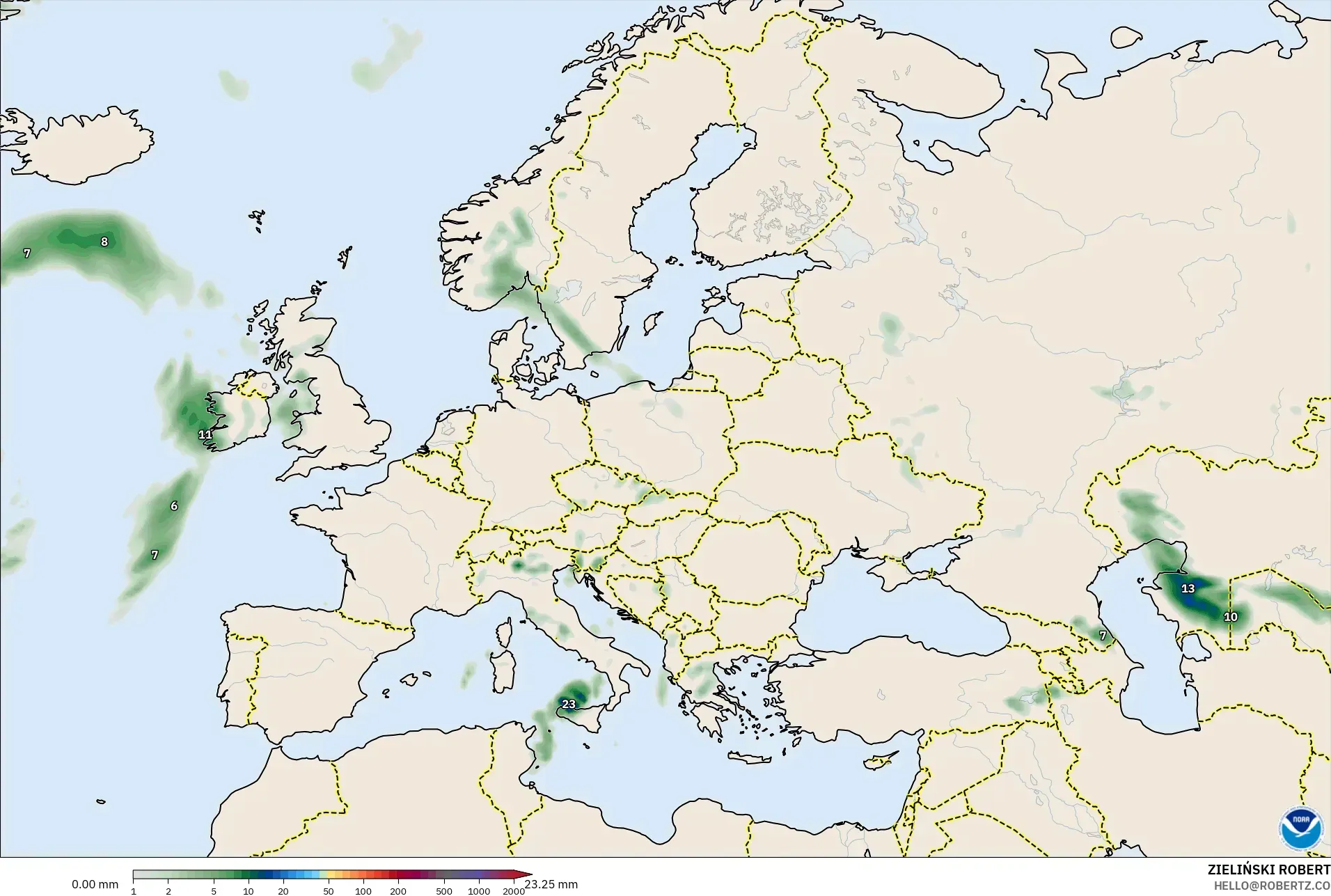 GFS model - Europe, Precipitation Accumulation
