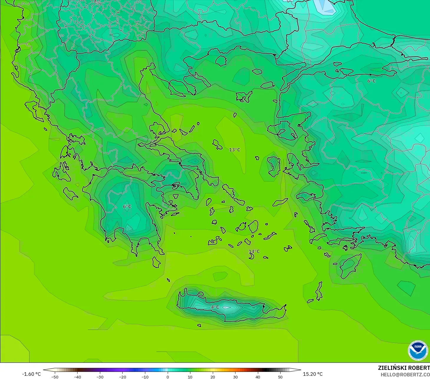 GFS model - Greece, Dewpoint at 2m