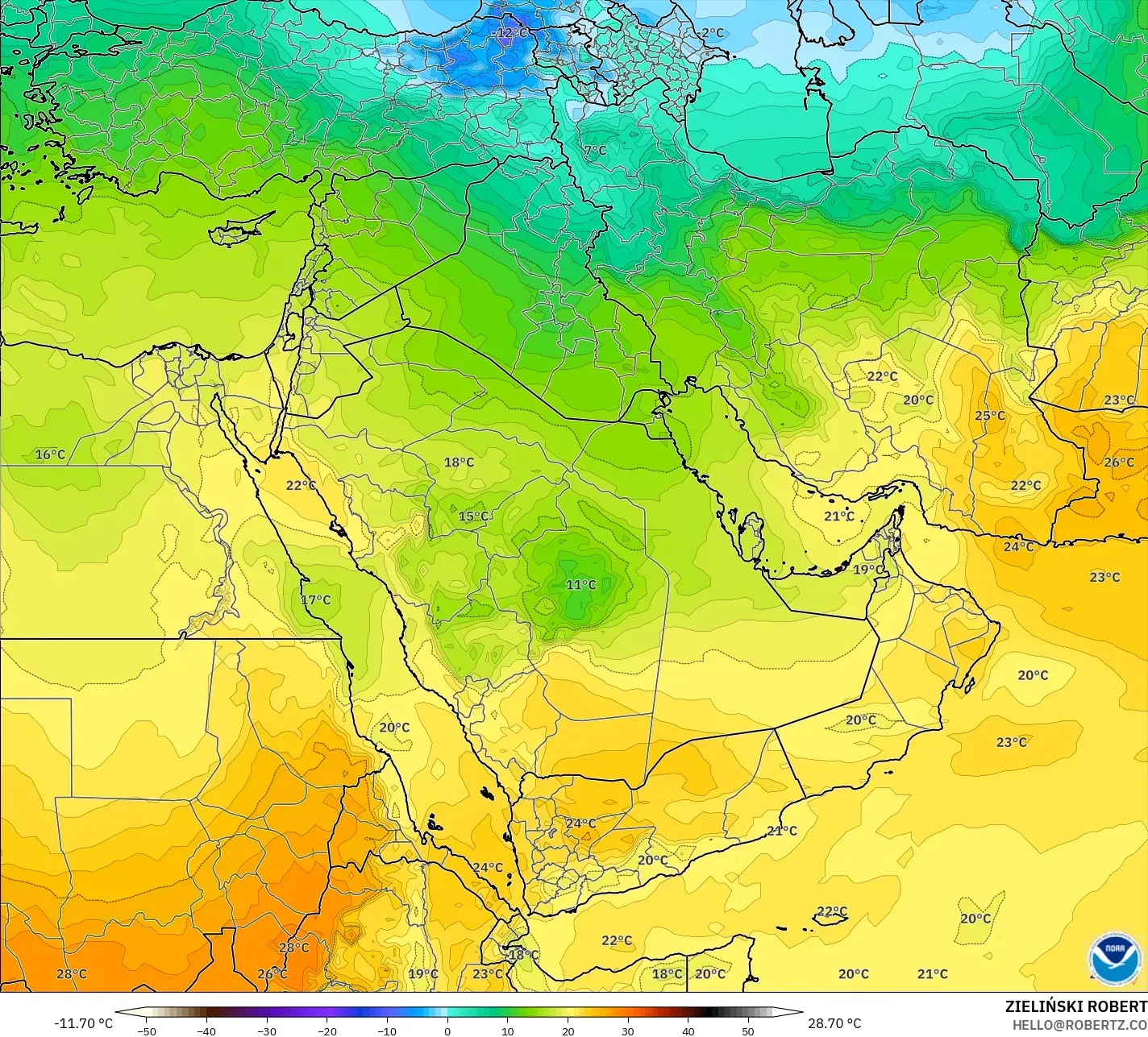 GFS model - Middle East, Temperature at 850hPa
