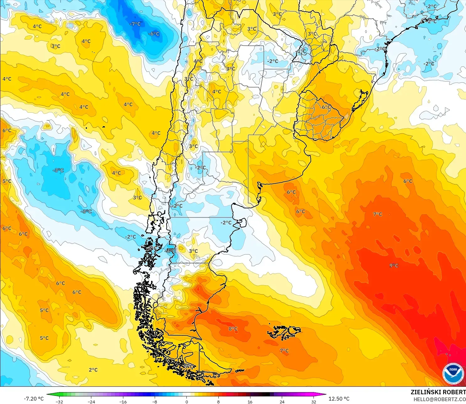 GFS model - Argentina, Temperature at 850hPa Anomaly