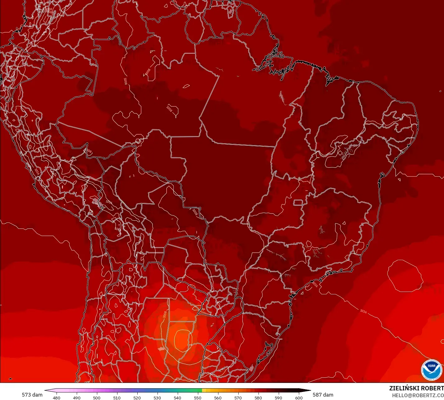 GFS model - Brazil, Geopotential height at 500hPa