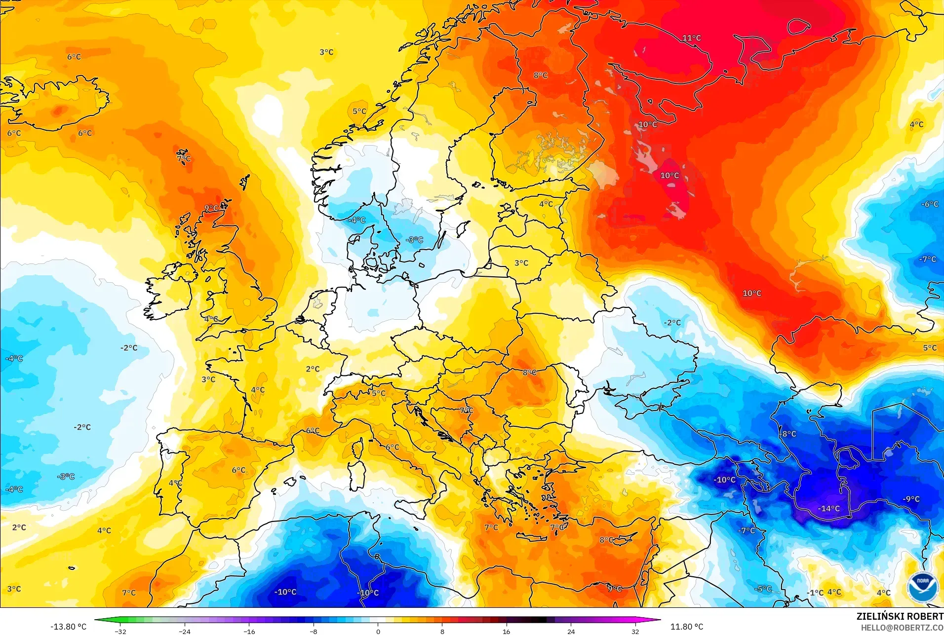 GFS model - Europe, Temperature at 850hPa Anomaly