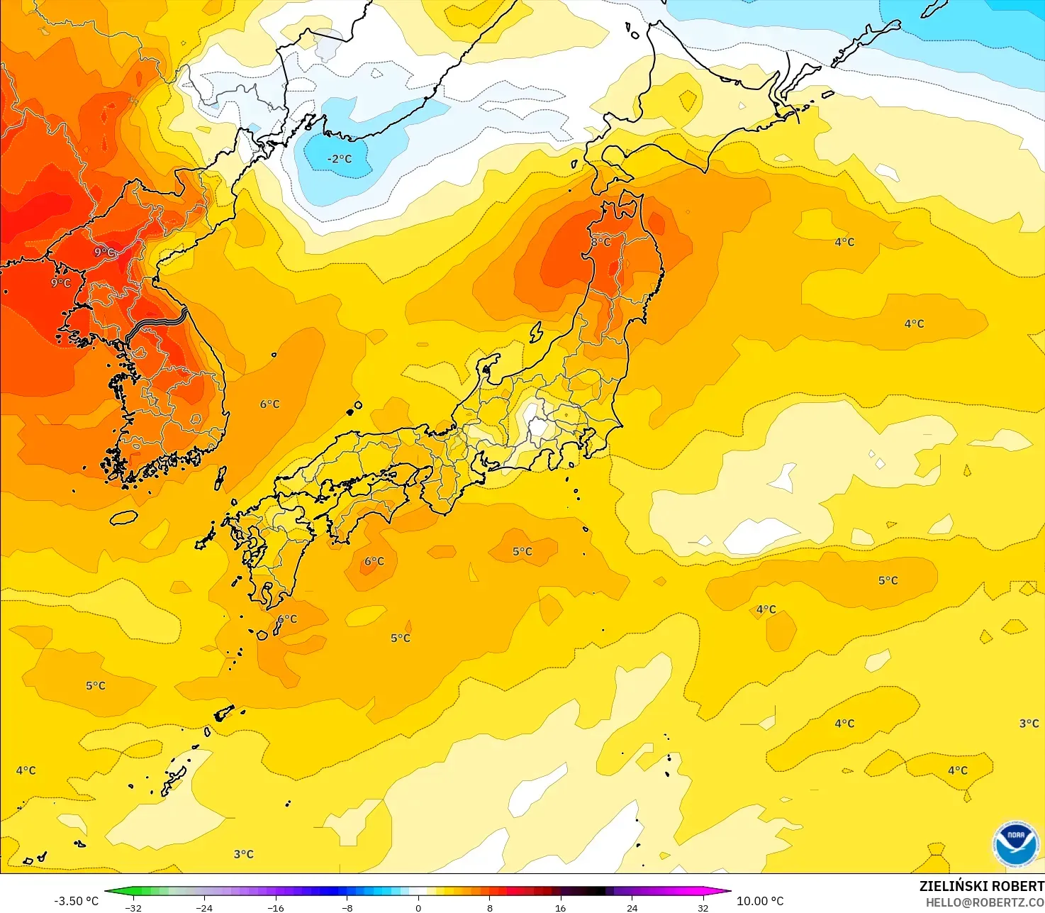GFS model - Japan, Temperature at 850hPa Anomaly