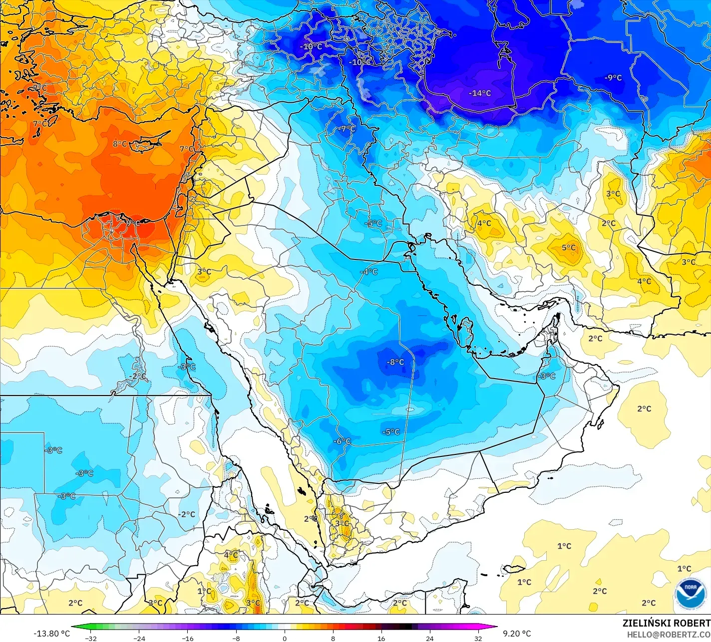 GFS model - Middle East, Temperature at 850hPa Anomaly