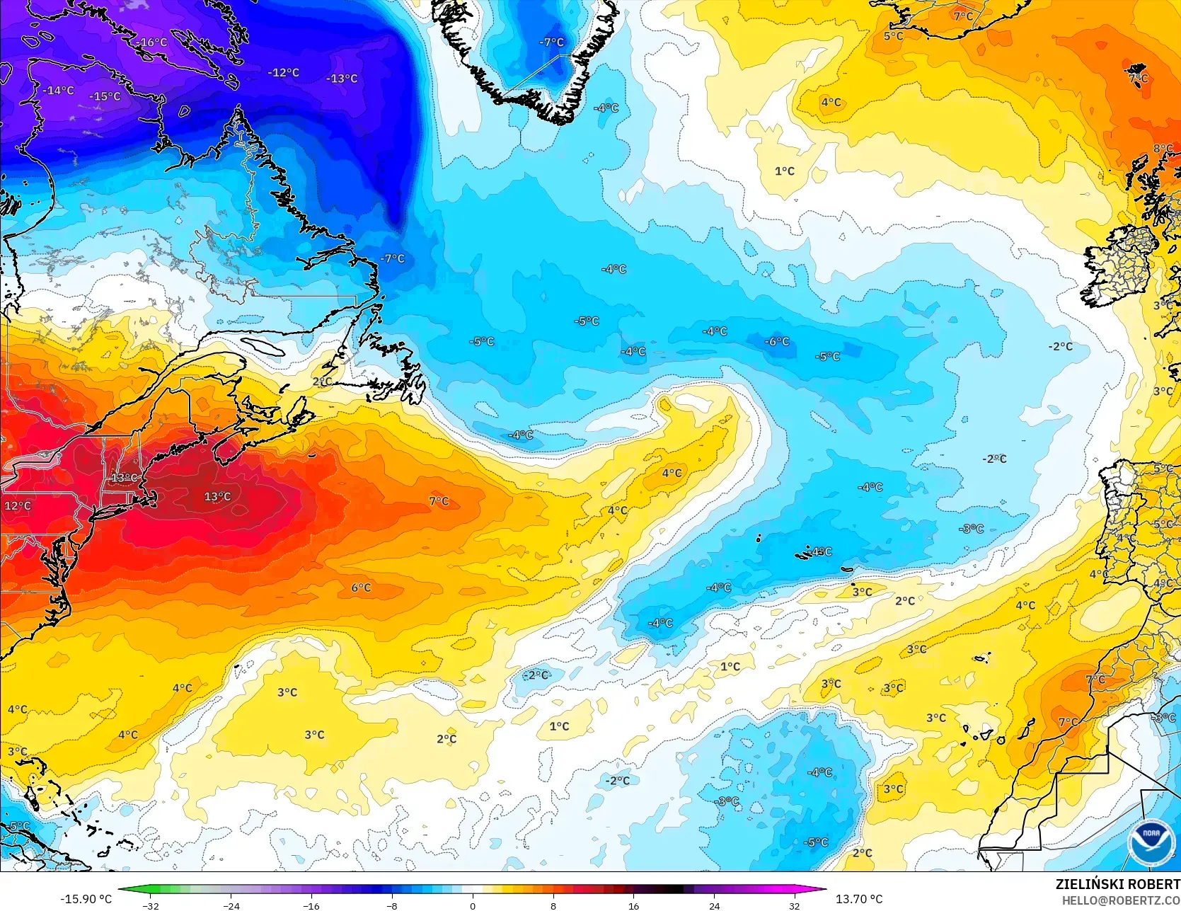 GFS model - North Atlantic, Temperature at 850hPa Anomaly