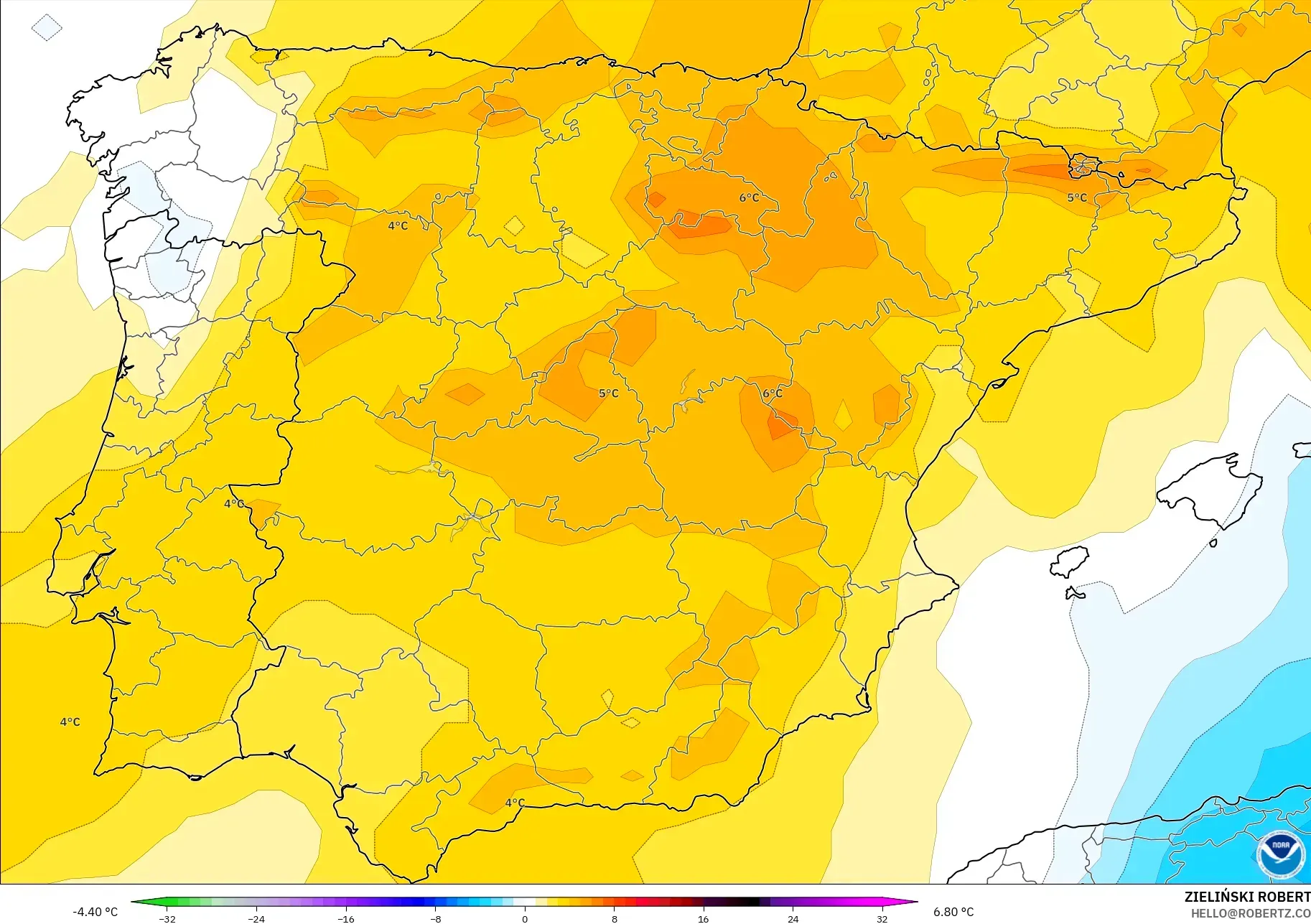 GFS model - Spain, Temperature at 850hPa Anomaly