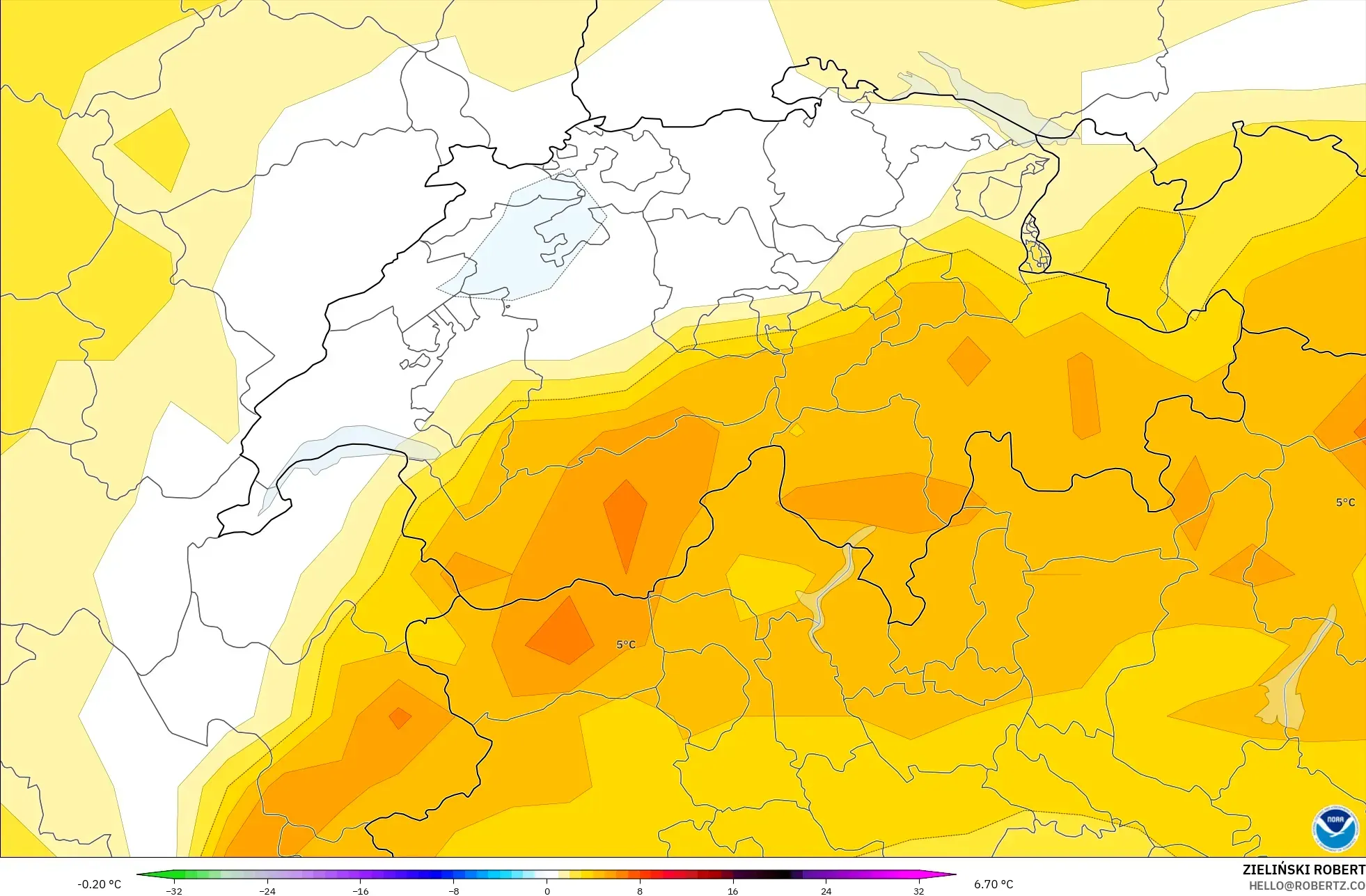 GFS model - Switzerland, Temperature at 850hPa Anomaly