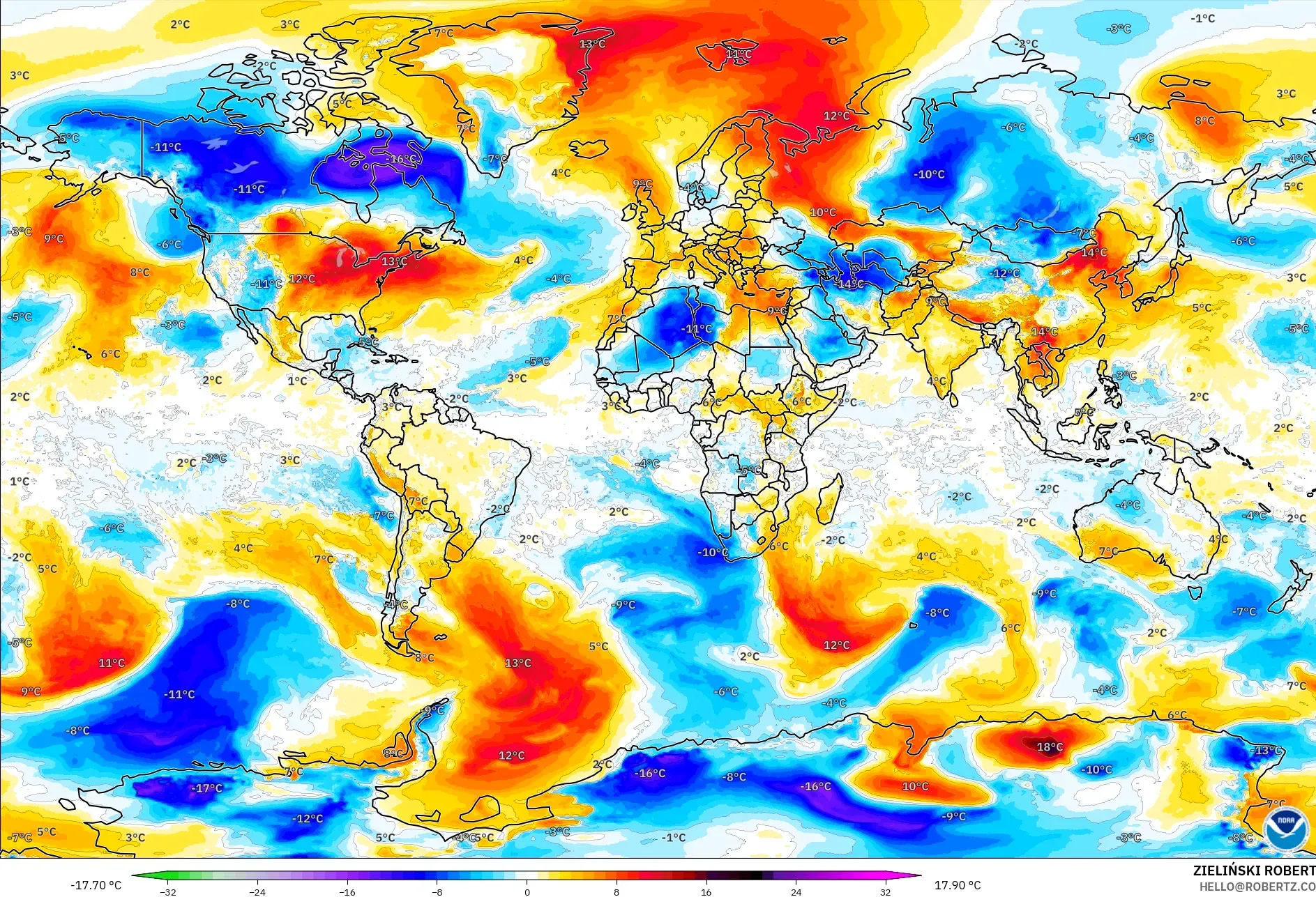 GFS model - World, Temperature at 850hPa Anomaly