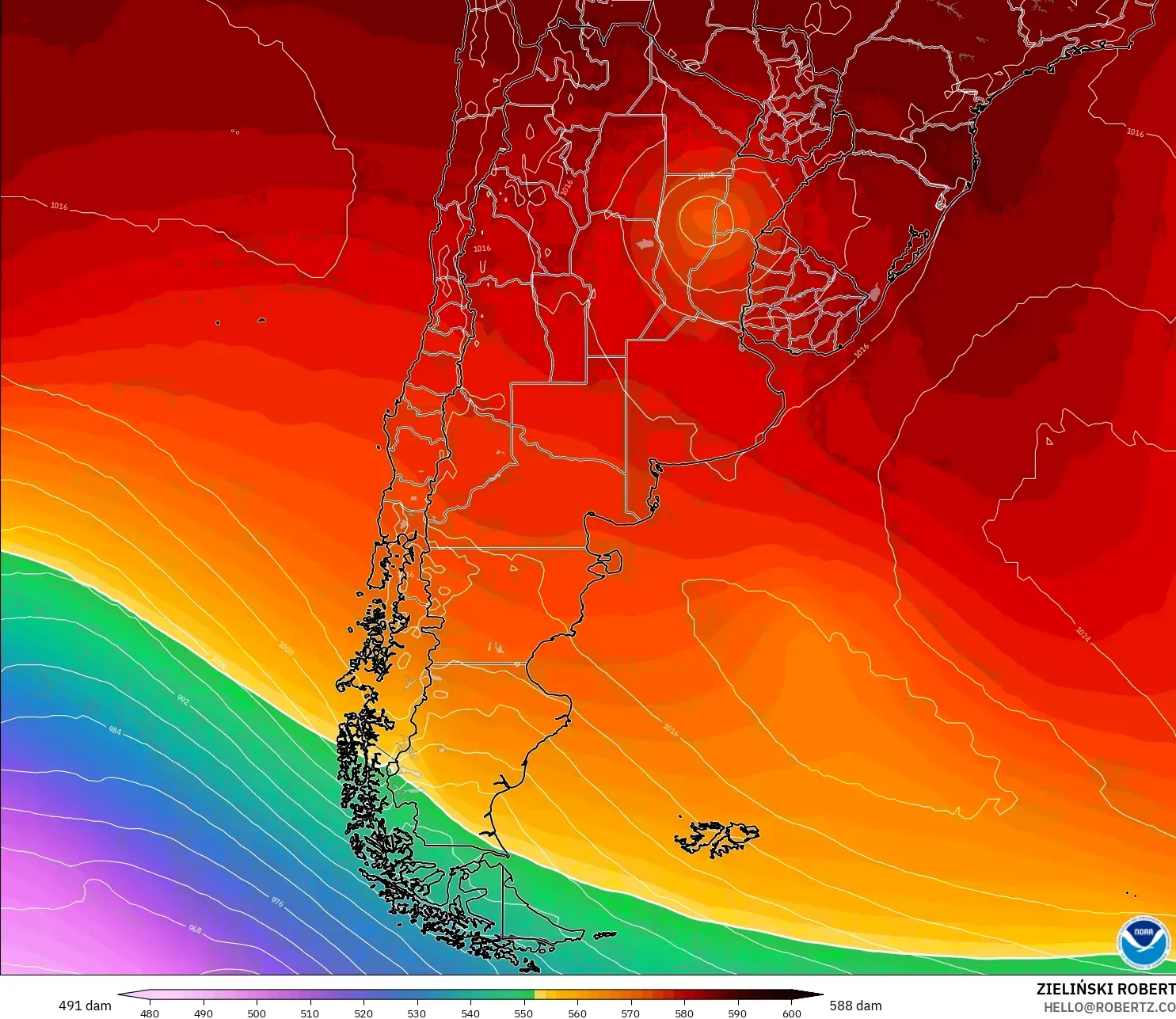 GFS model - Argentina, Geopotential height at 500hPa