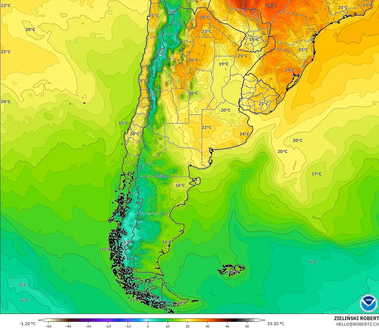 GFS نموذج - الأرجنتين, درجة الحرارة على ارتفاع 2 م