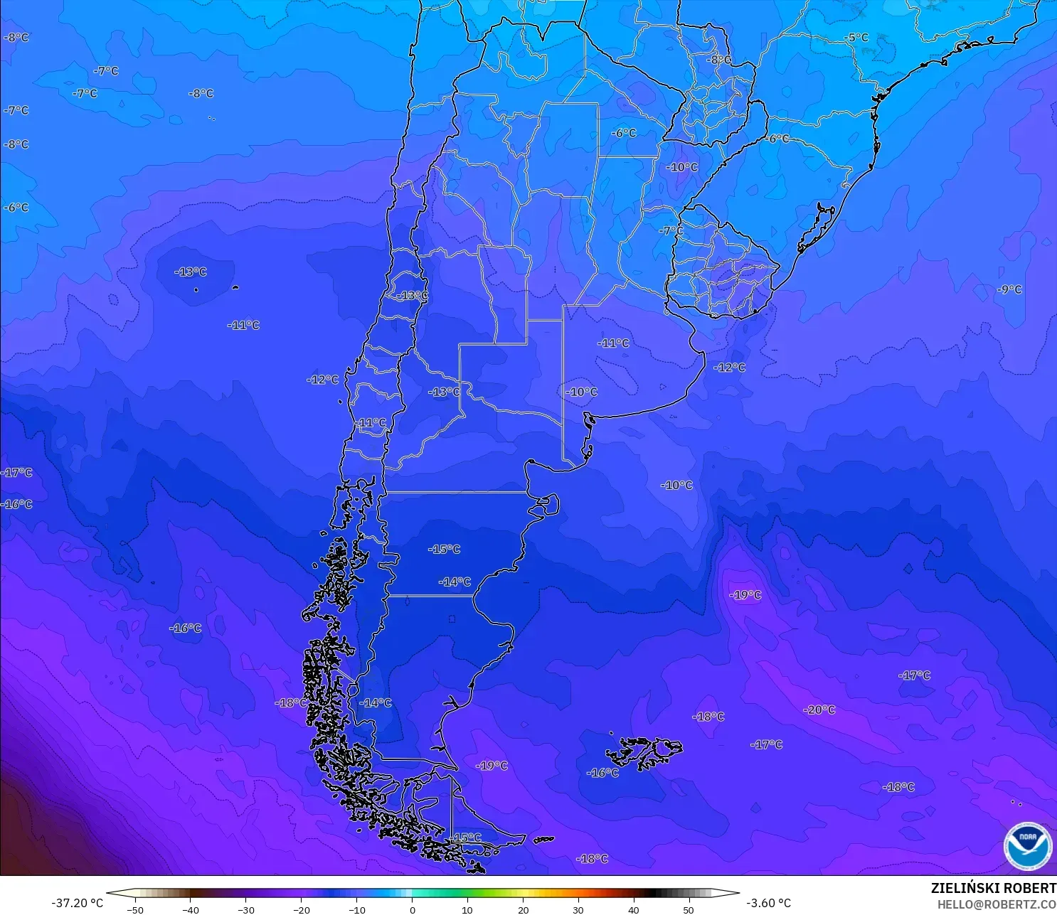 GFS نموذج - الأرجنتين, درجة الحرارة 500 hPa