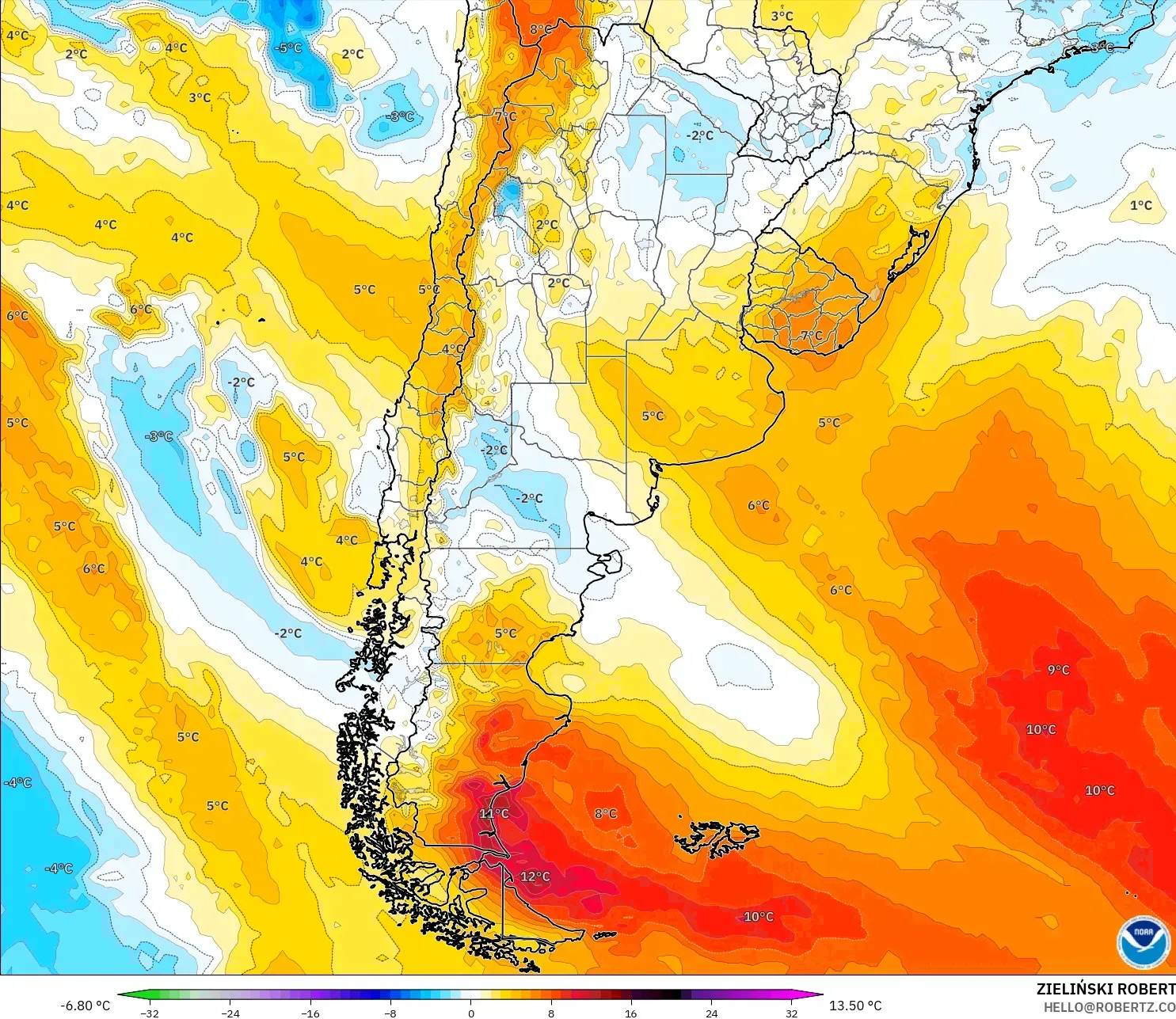 GFS نموذج - الأرجنتين, انحراف درجة الحرارة 850 hPa