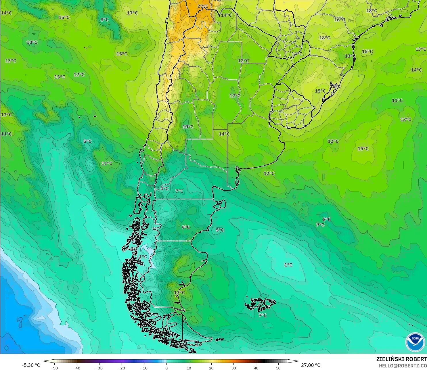 GFS model - Argentina, Temperature at 850hPa