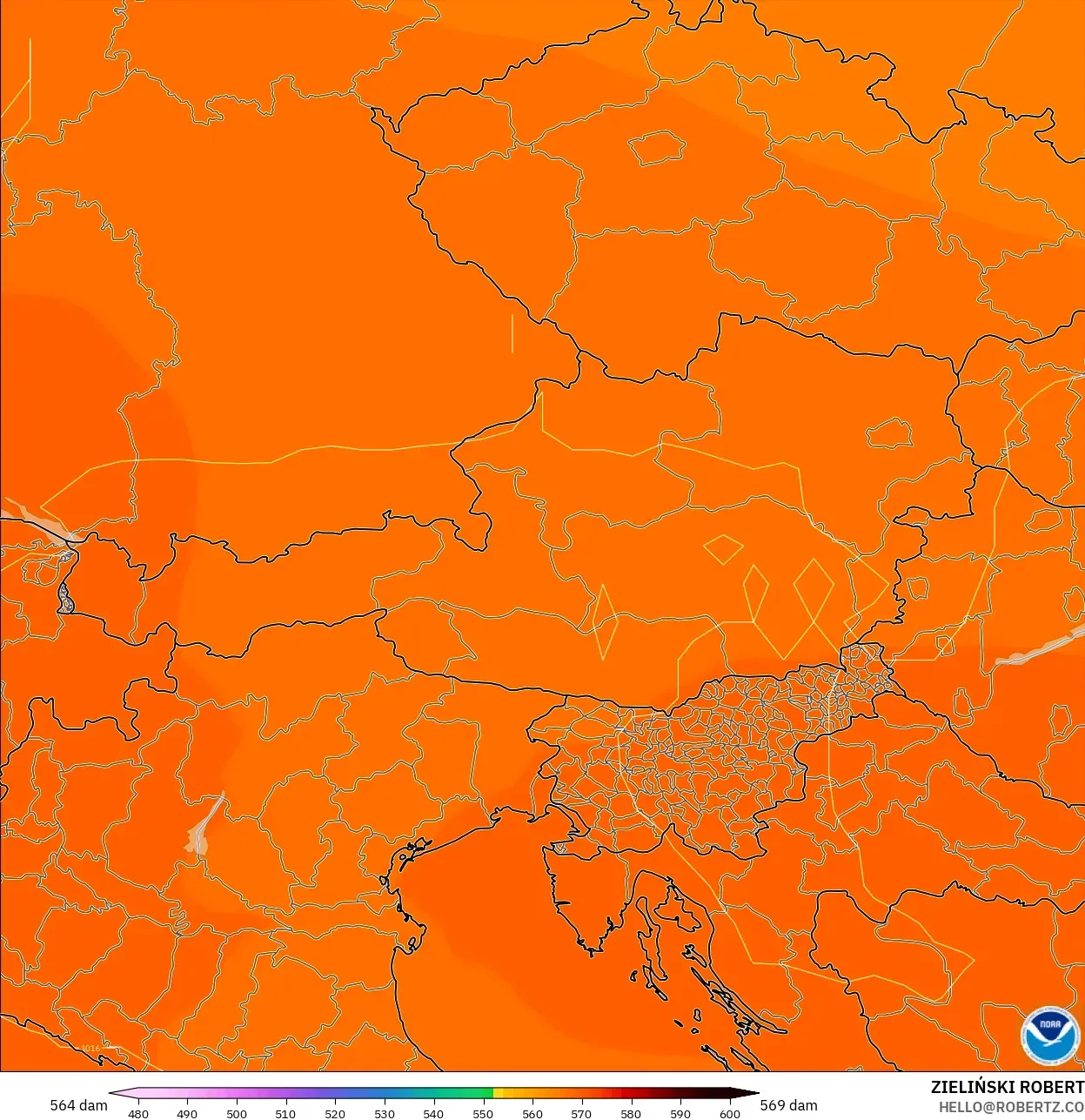 GFS نموذج - النمسا, الارتفاع الجهدي عند 500 هكتوباسكال