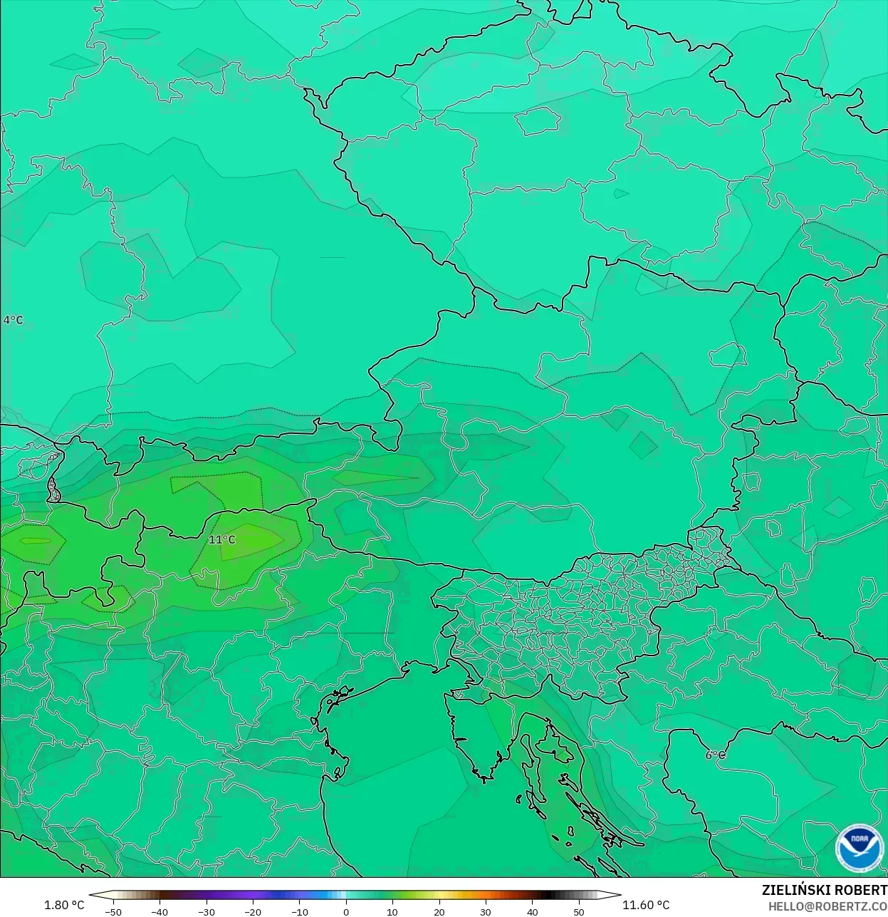 GFS نموذج - النمسا, درجة الحرارة 850 hPa