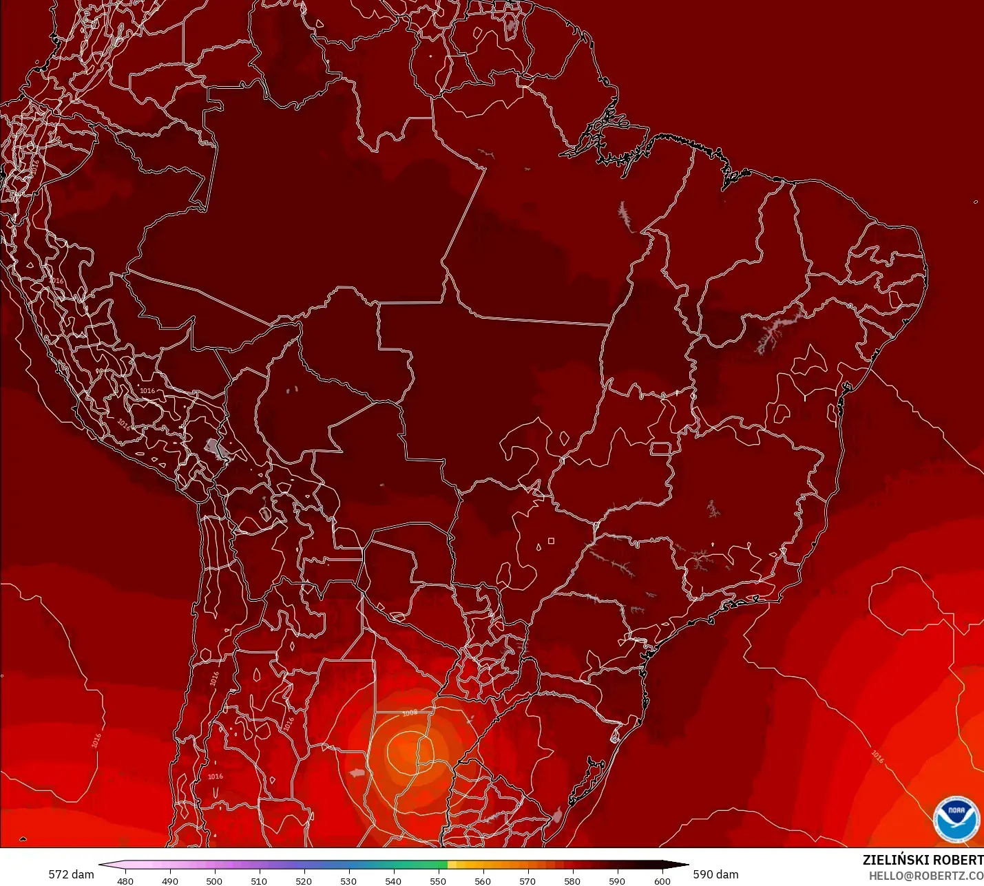 GFS نموذج - البرازيل, الارتفاع الجهدي عند 500 هكتوباسكال
