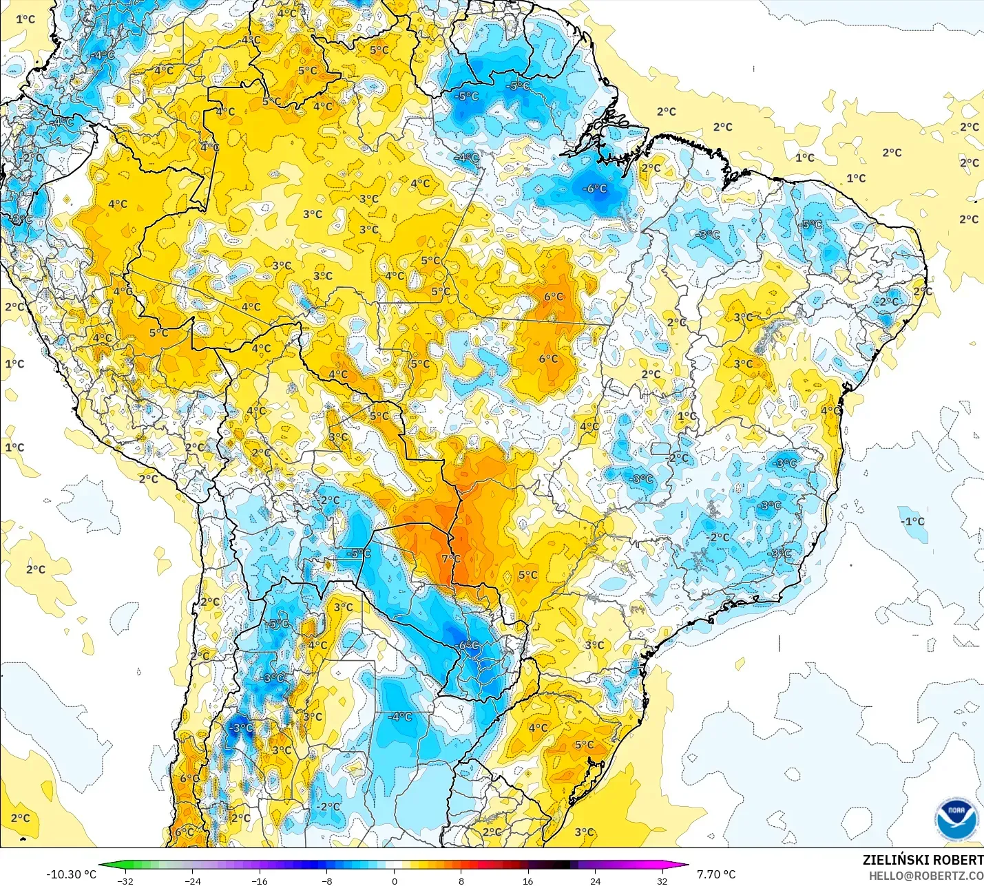 GFS نموذج - البرازيل, انحراف درجة الحرارة 2 م