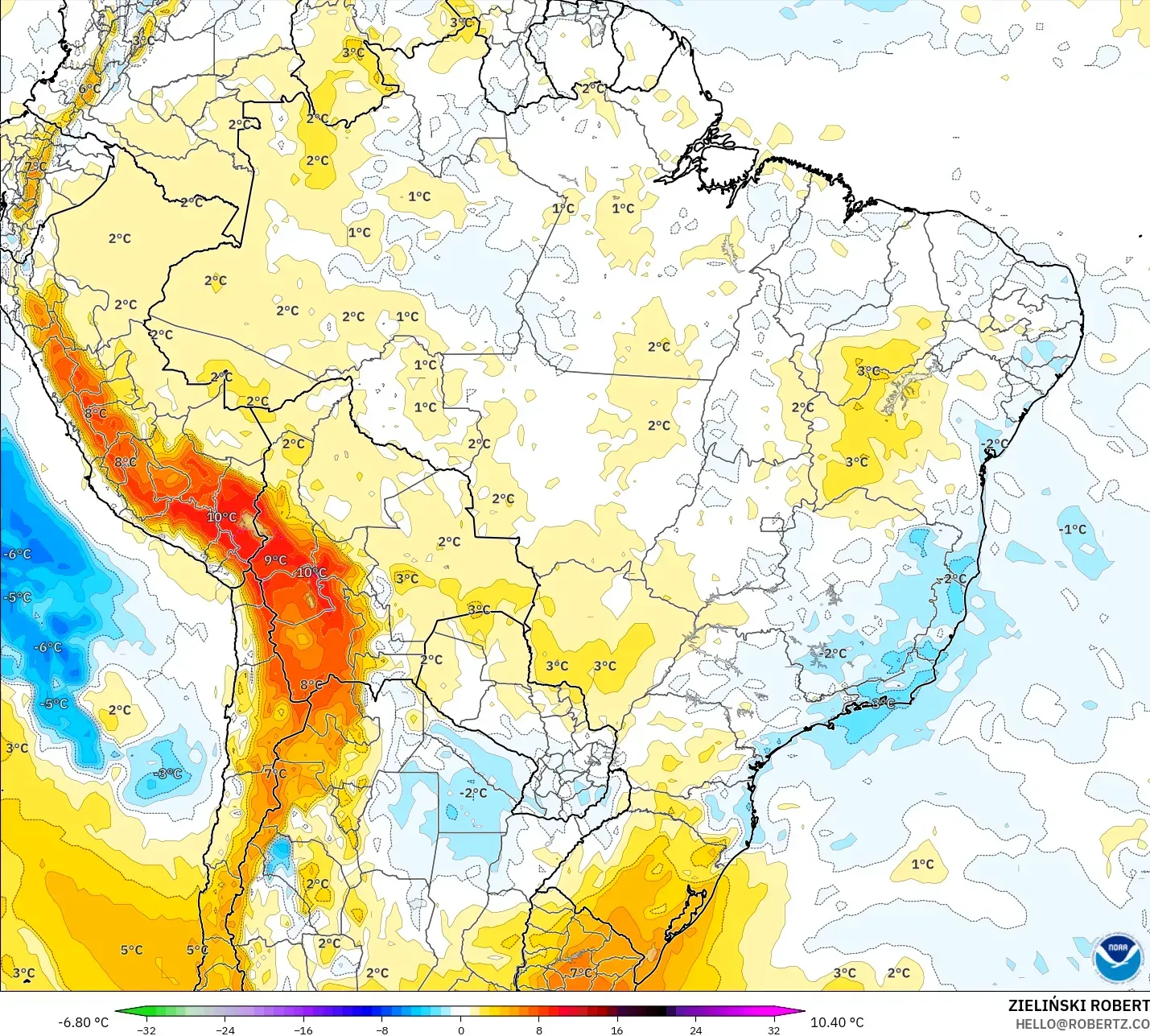 GFS نموذج - البرازيل, انحراف درجة الحرارة 850 hPa