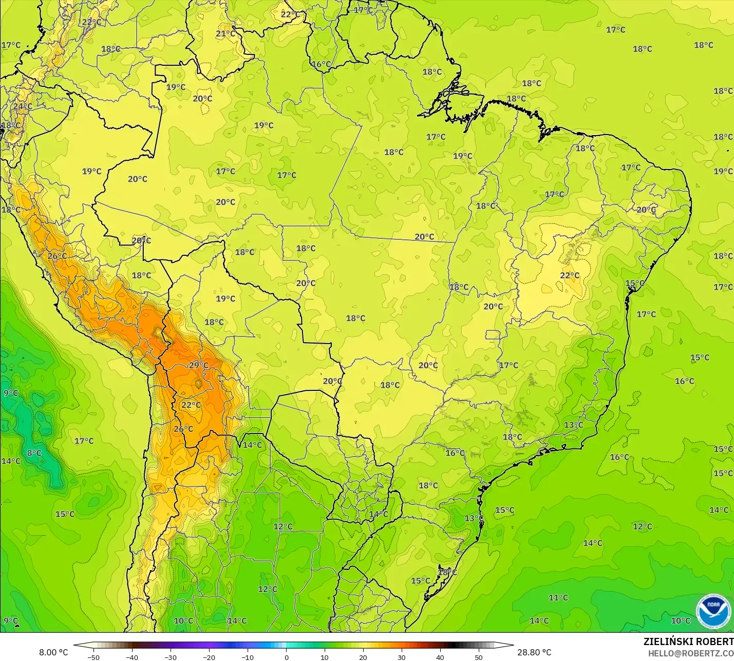 GFS نموذج - البرازيل, درجة الحرارة 850 hPa