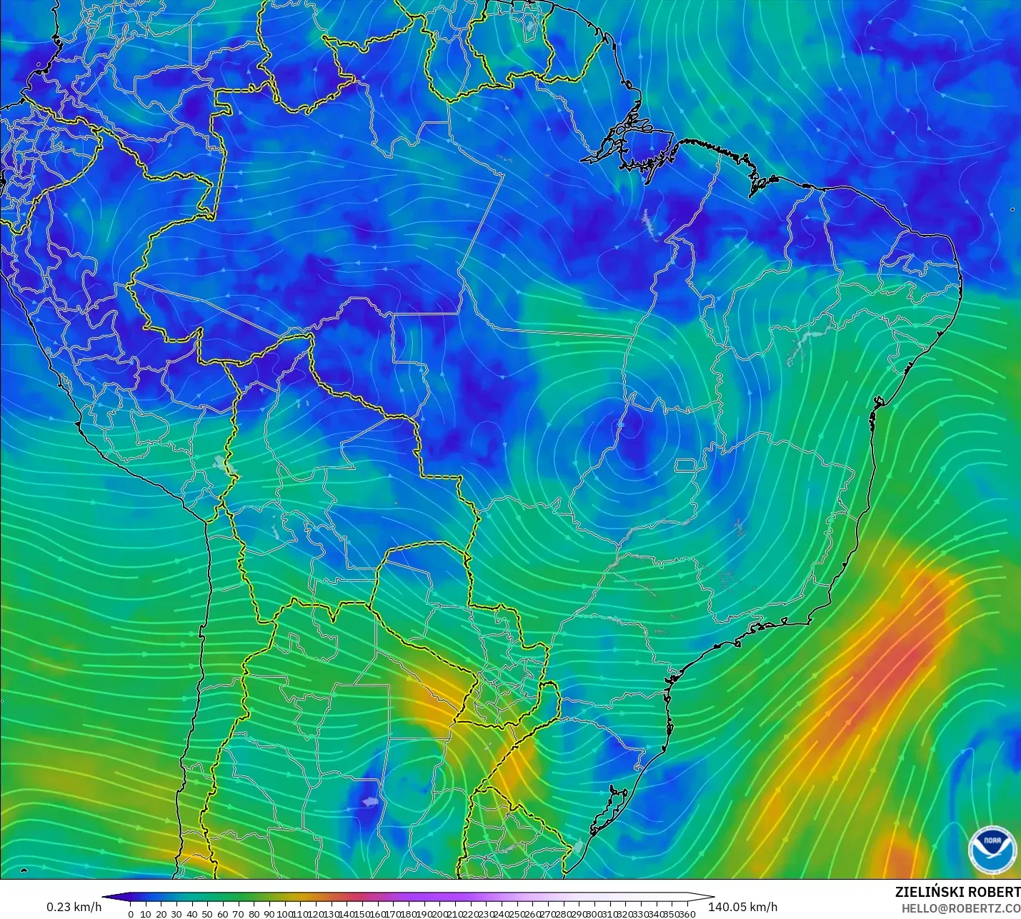 GFS نموذج - البرازيل, رياح 300 hPa (تيار نفاث)