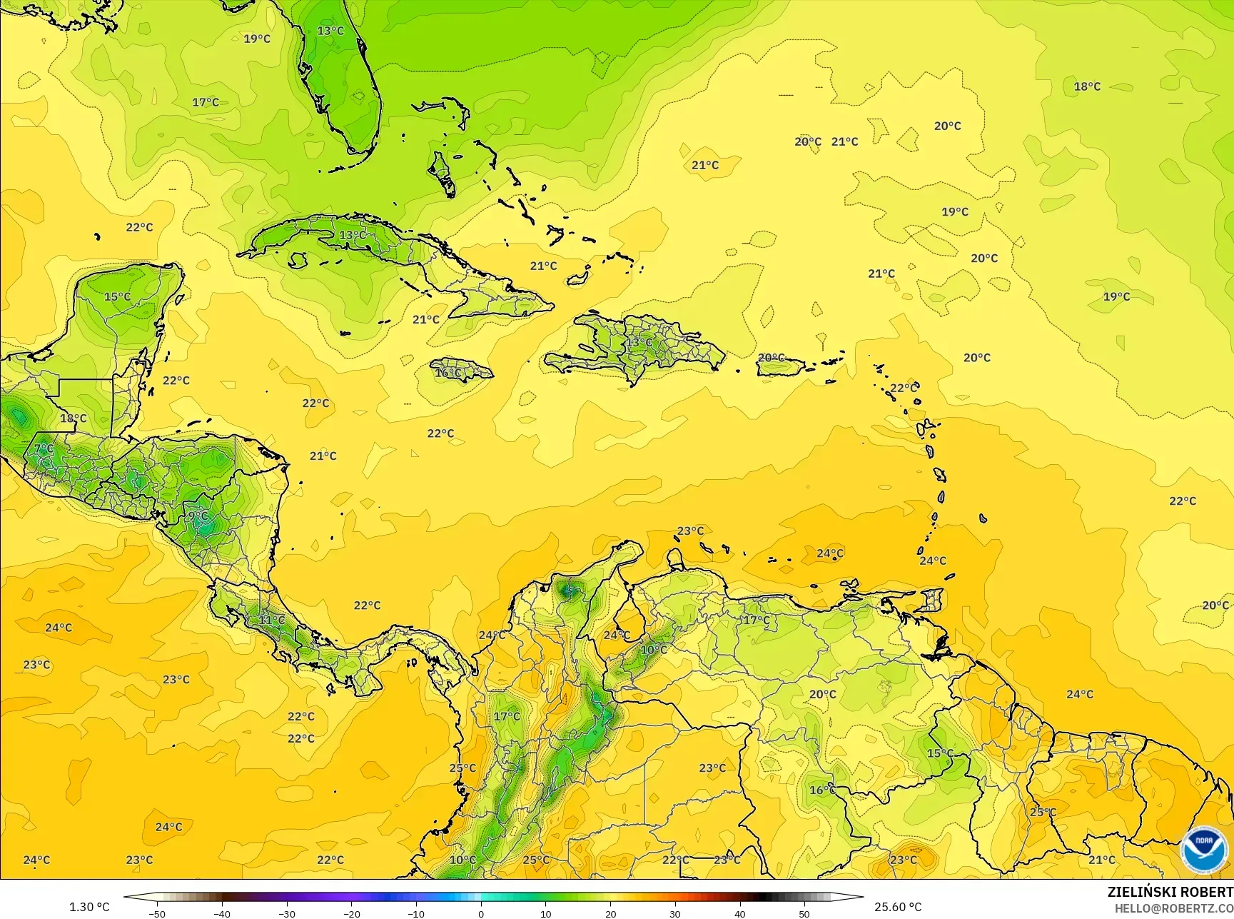 GFS نموذج - الكاريبي, نقطة الندى 2 م