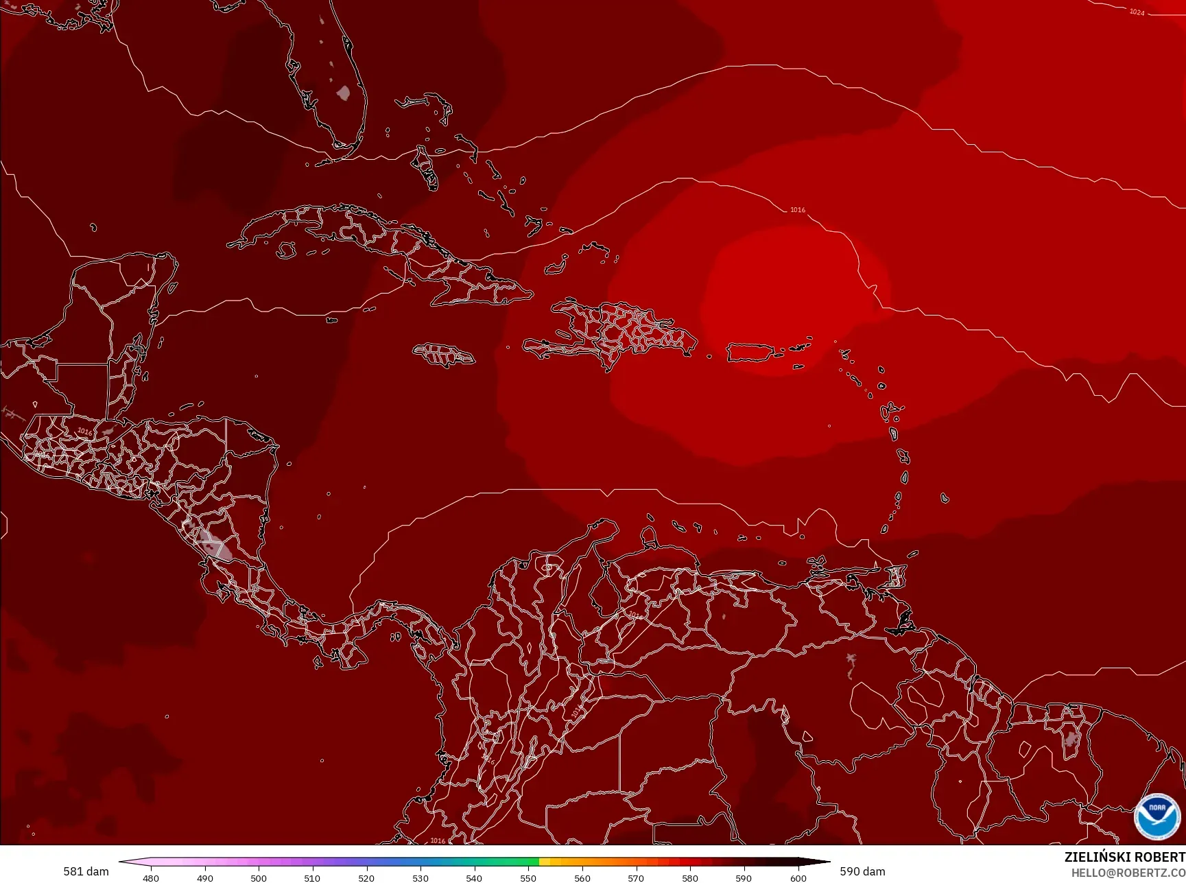 GFS نموذج - الكاريبي, الارتفاع الجهدي عند 500 هكتوباسكال