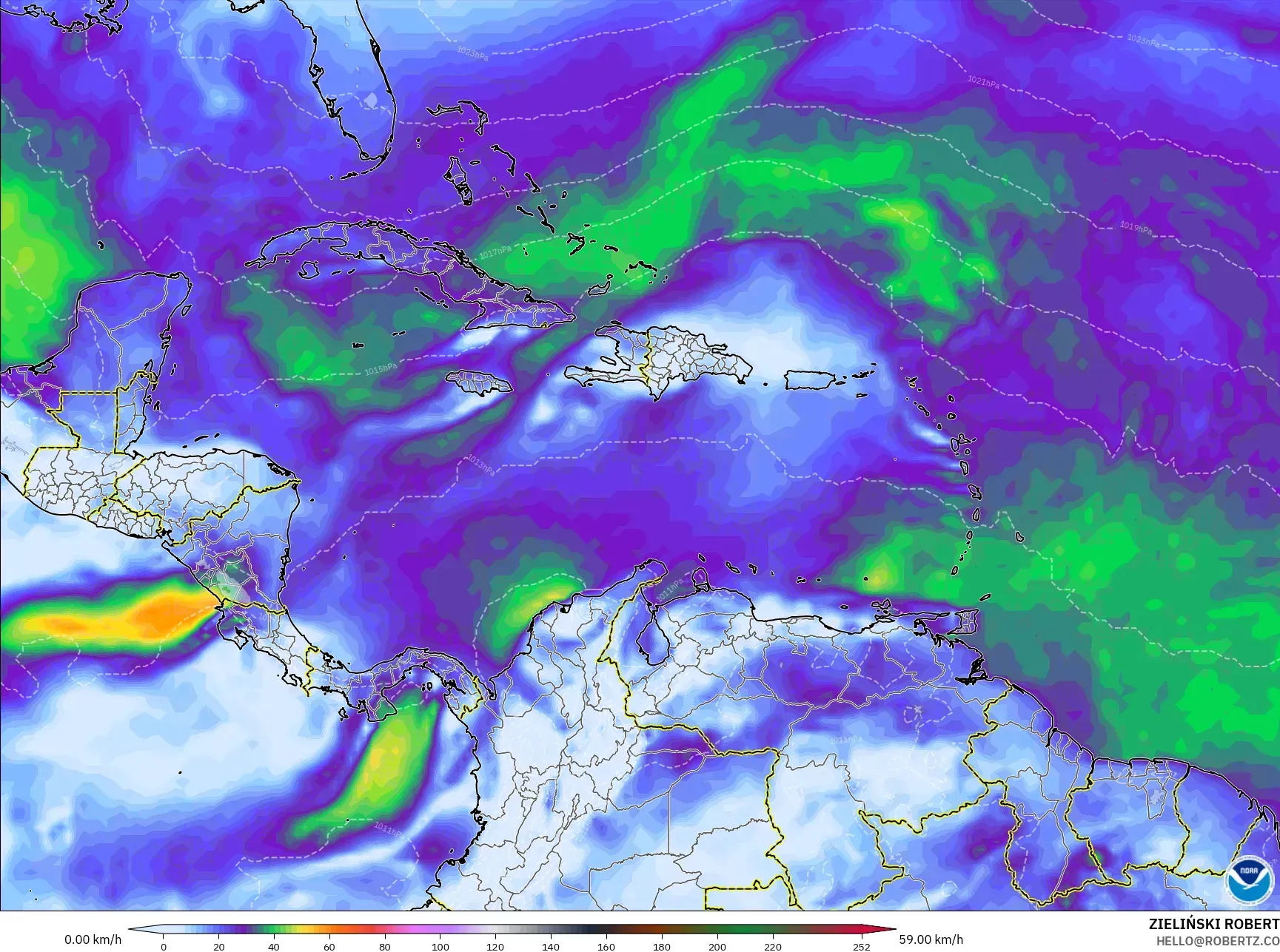 GFS نموذج - الكاريبي, هبات الرياح