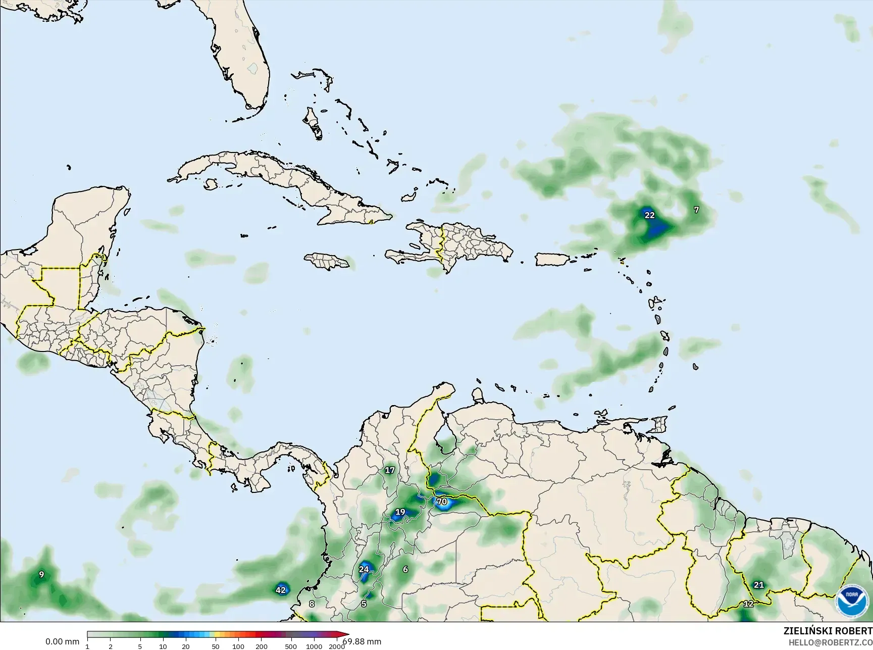GFS نموذج - الكاريبي, تراكم الهطول
