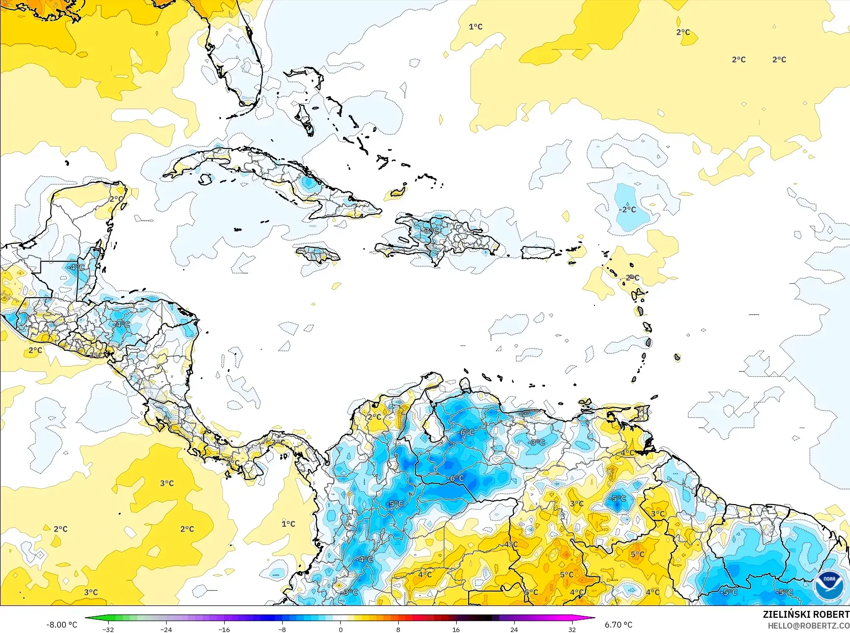 GFS نموذج - الكاريبي, انحراف درجة الحرارة 2 م
