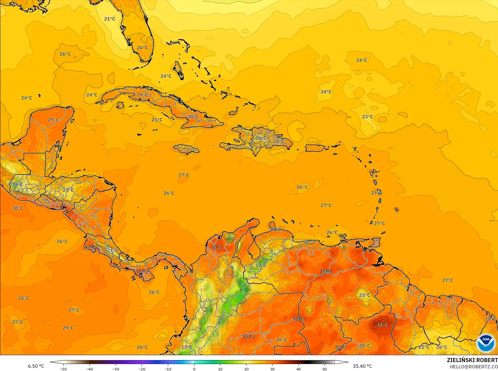 GFS نموذج - الكاريبي, درجة الحرارة على ارتفاع 2 م