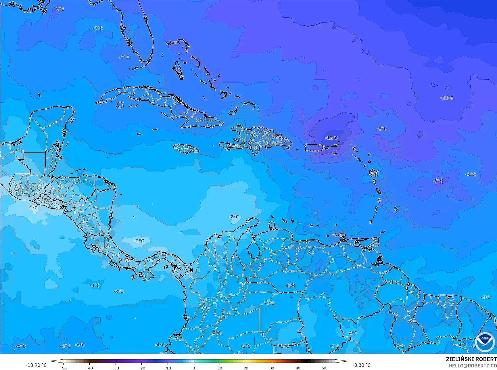 GFS نموذج - الكاريبي, درجة الحرارة 500 hPa
