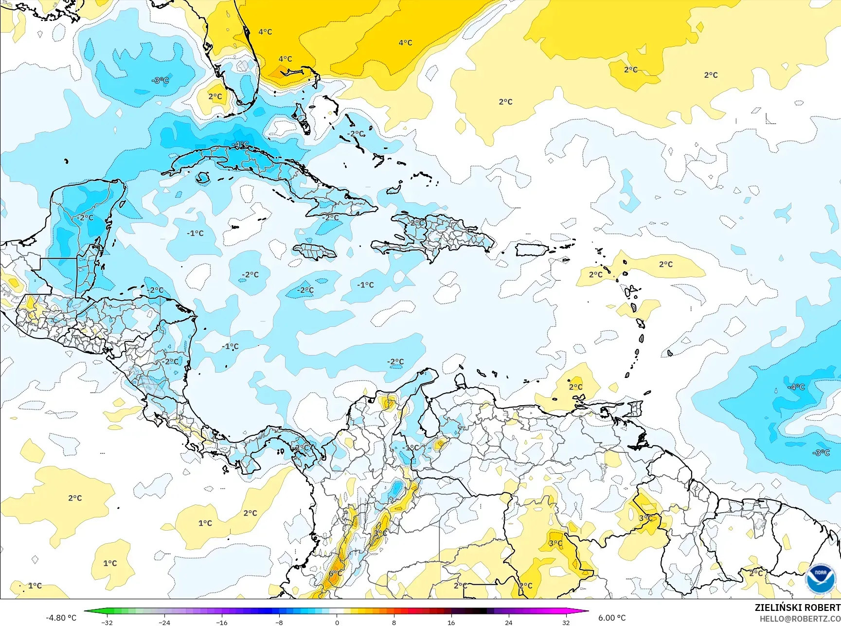 GFS نموذج - الكاريبي, انحراف درجة الحرارة 850 hPa