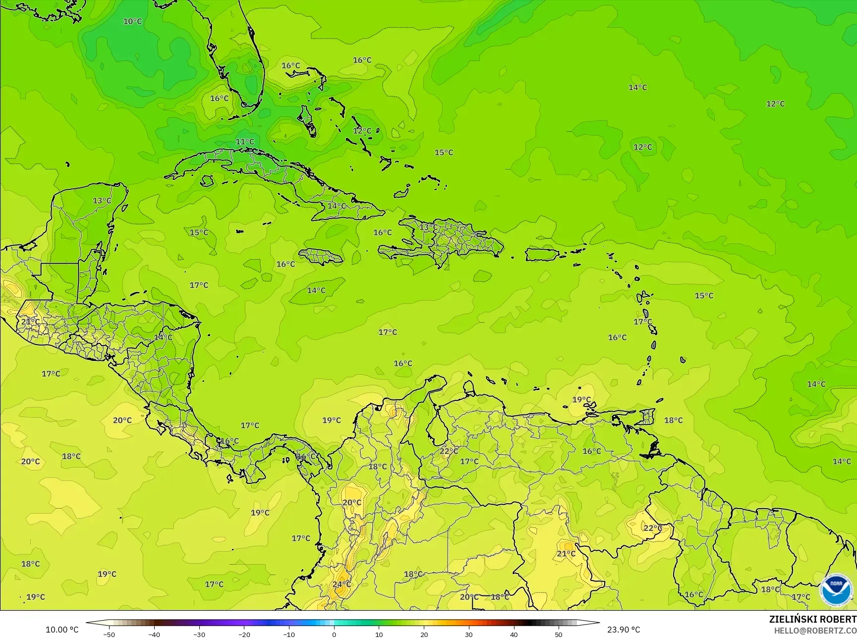 GFS نموذج - الكاريبي, درجة الحرارة 850 hPa
