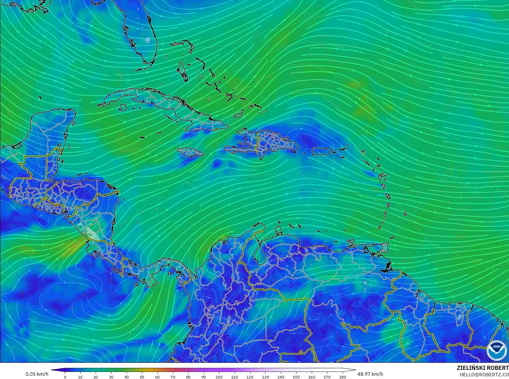 GFS نموذج - الكاريبي, رياح 10 م