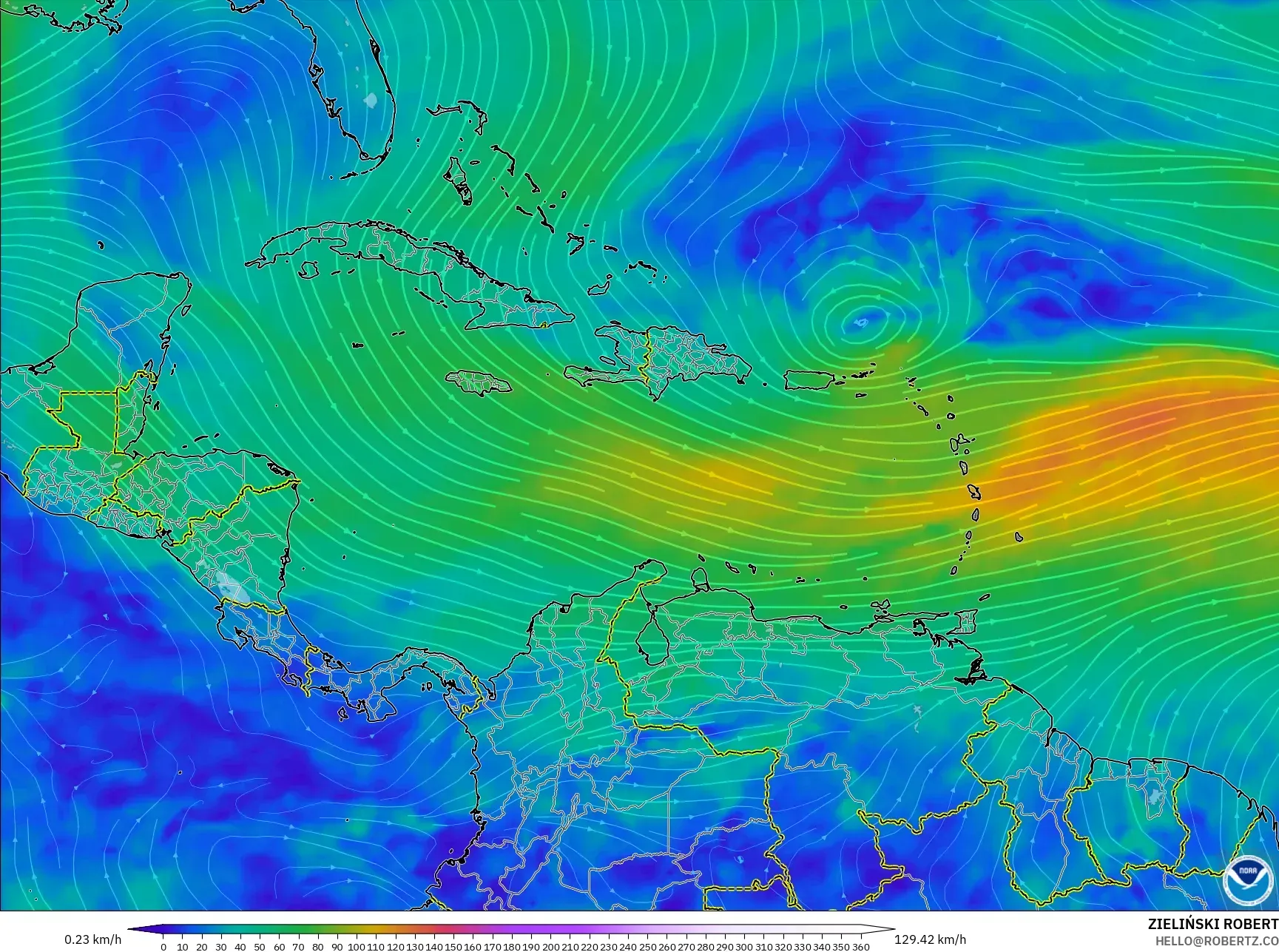 GFS نموذج - الكاريبي, رياح 300 hPa (تيار نفاث)