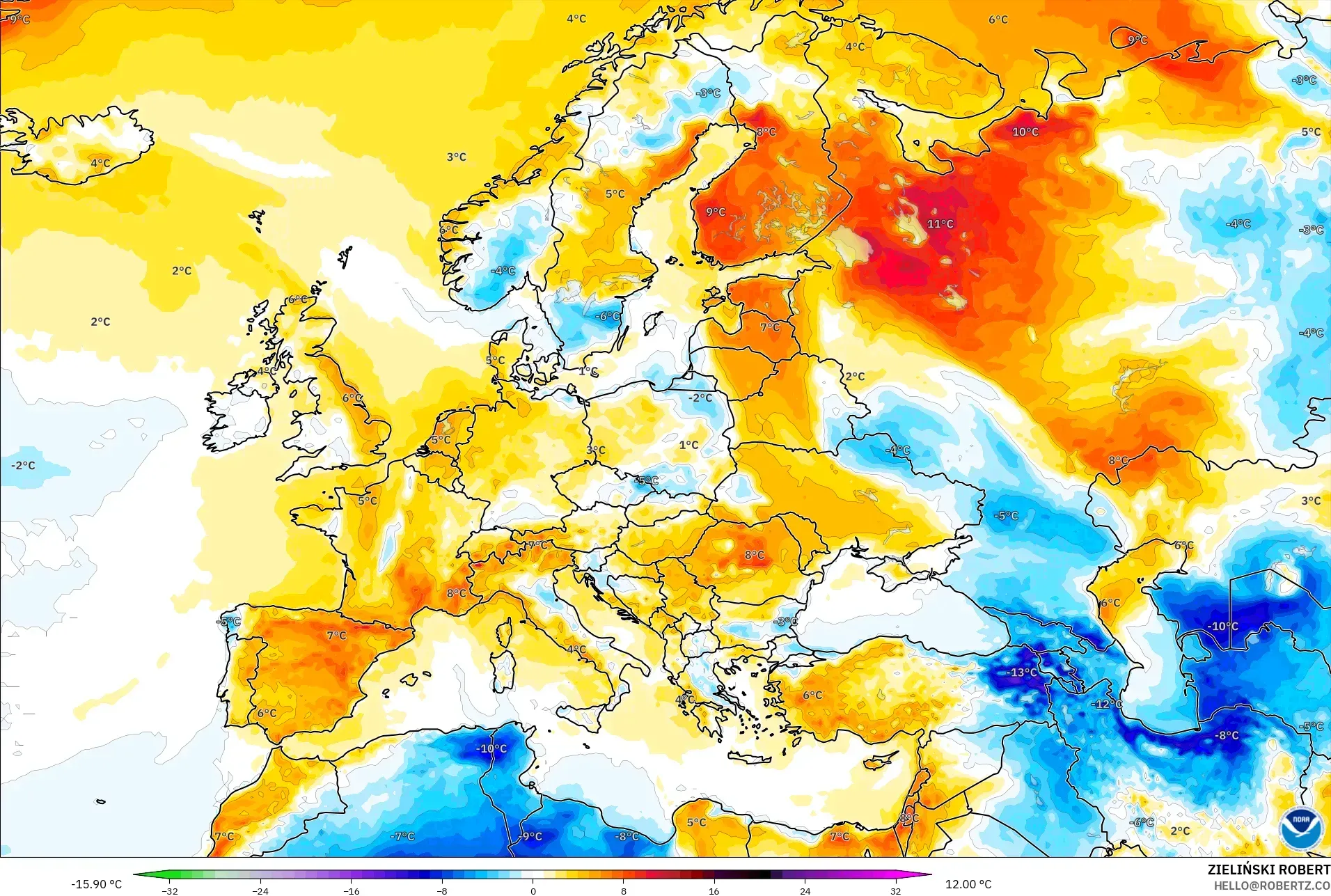 GFS نموذج - أوروبا, انحراف درجة الحرارة 2 م