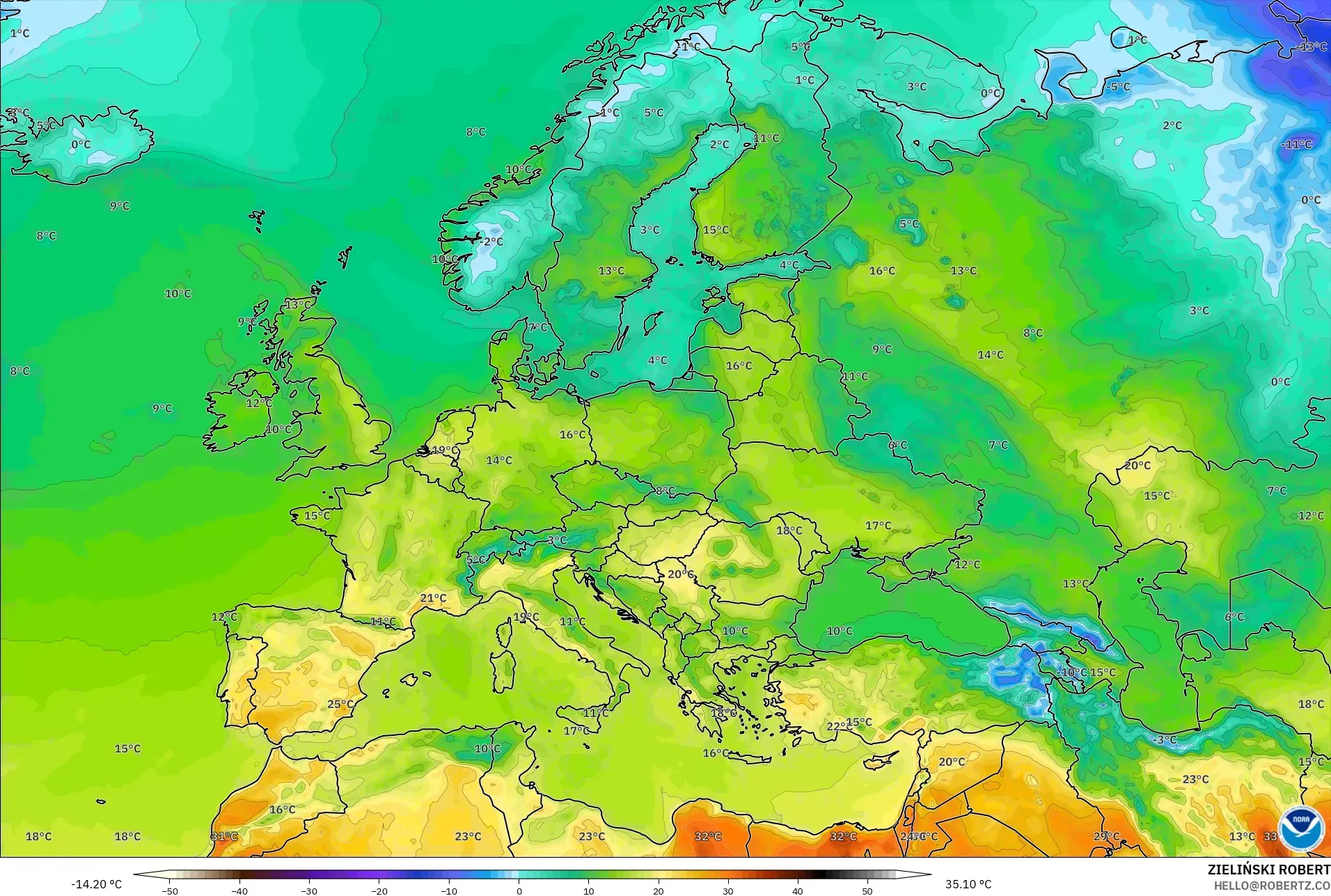 GFS نموذج - أوروبا, درجة الحرارة على ارتفاع 2 م