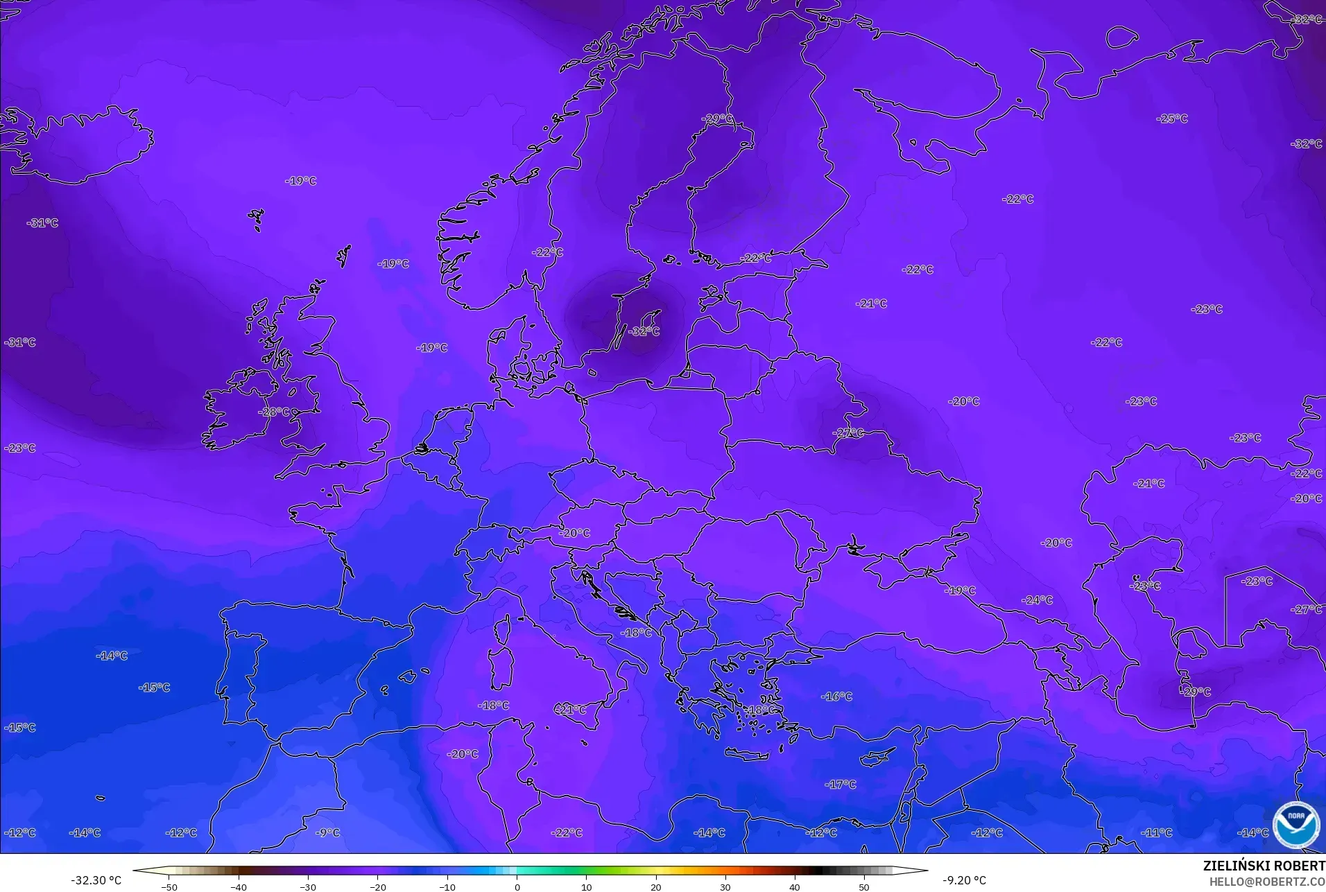 GFS نموذج - أوروبا, درجة الحرارة 500 hPa