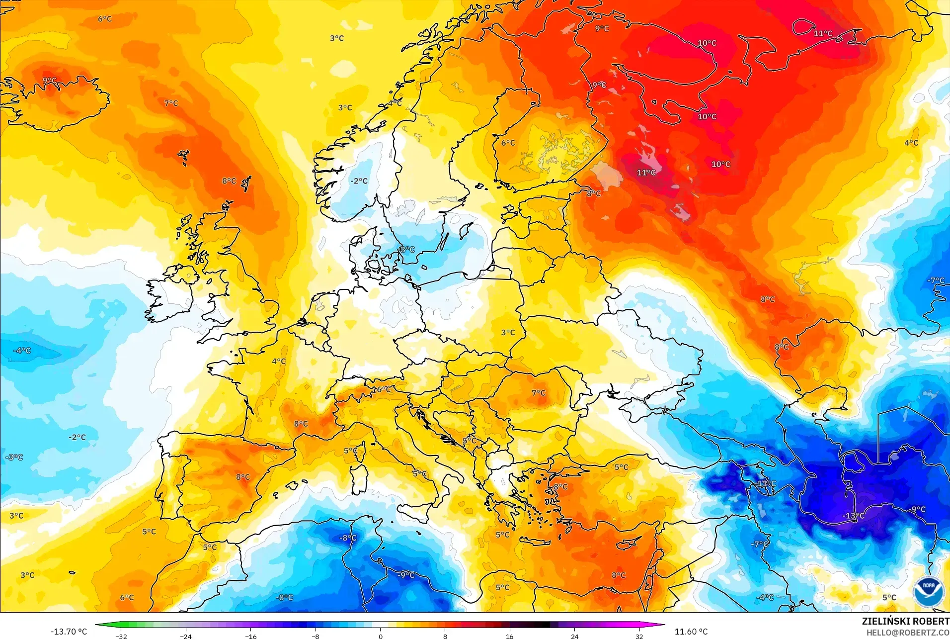 GFS نموذج - أوروبا, انحراف درجة الحرارة 850 hPa