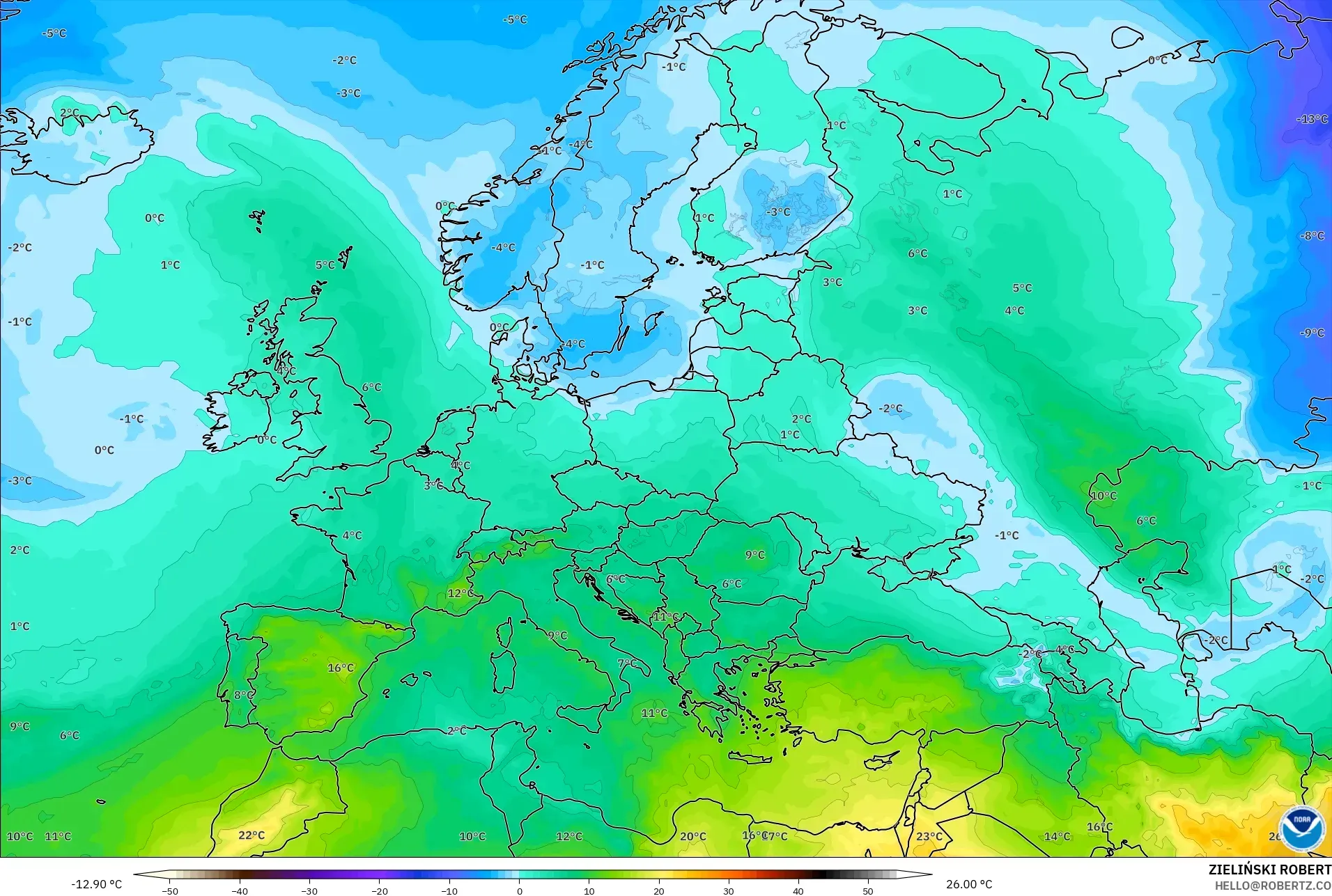 GFS نموذج - أوروبا, درجة الحرارة 850 hPa