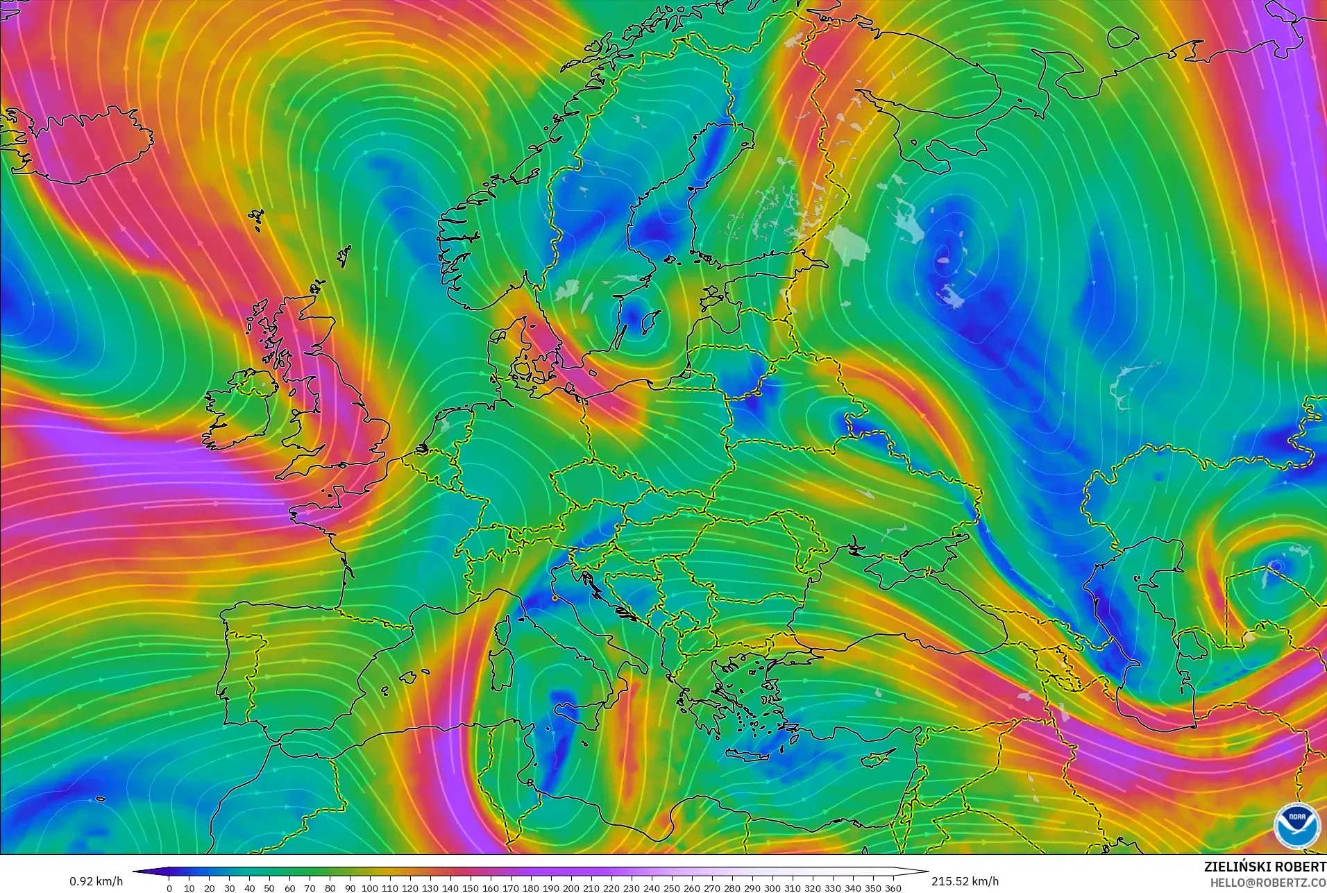 GFS نموذج - أوروبا, رياح 300 hPa (تيار نفاث)