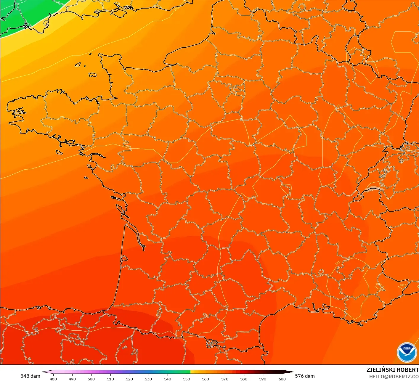 GFS model - France, Geopotential height at 500hPa