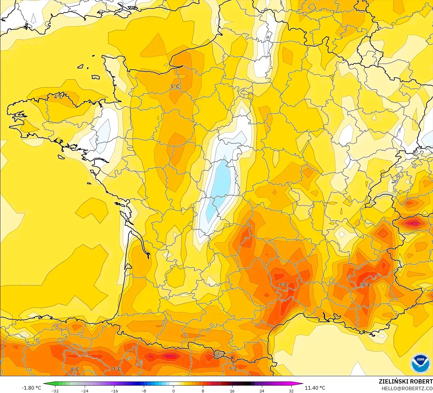 GFS نموذج - فرنسا, انحراف درجة الحرارة 2 م