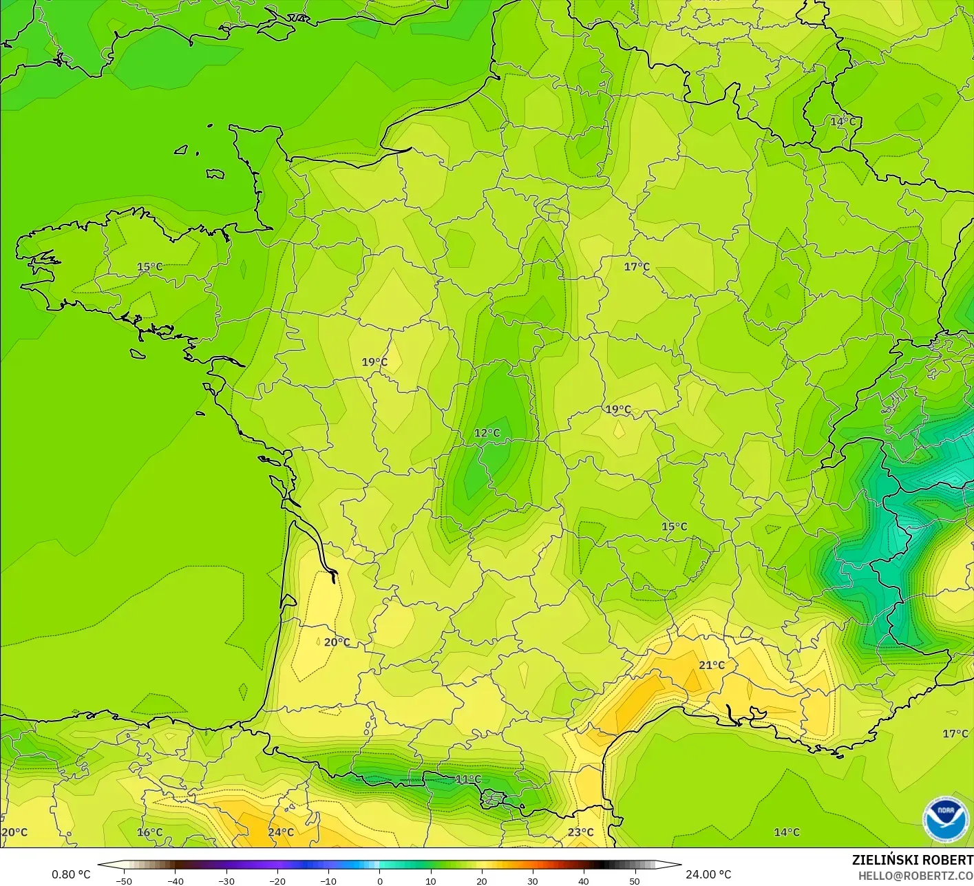 GFS نموذج - فرنسا, درجة الحرارة على ارتفاع 2 م