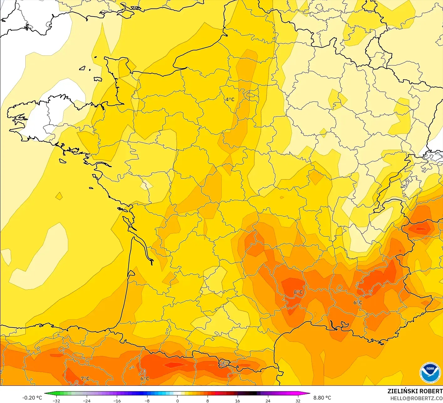GFS نموذج - فرنسا, انحراف درجة الحرارة 850 hPa